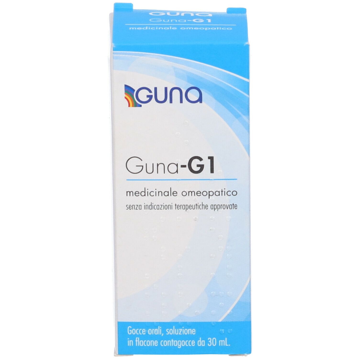 Confezione blu con testo e logo bianchi. Guna-G1. Gocce, soluzione. 30 ml.