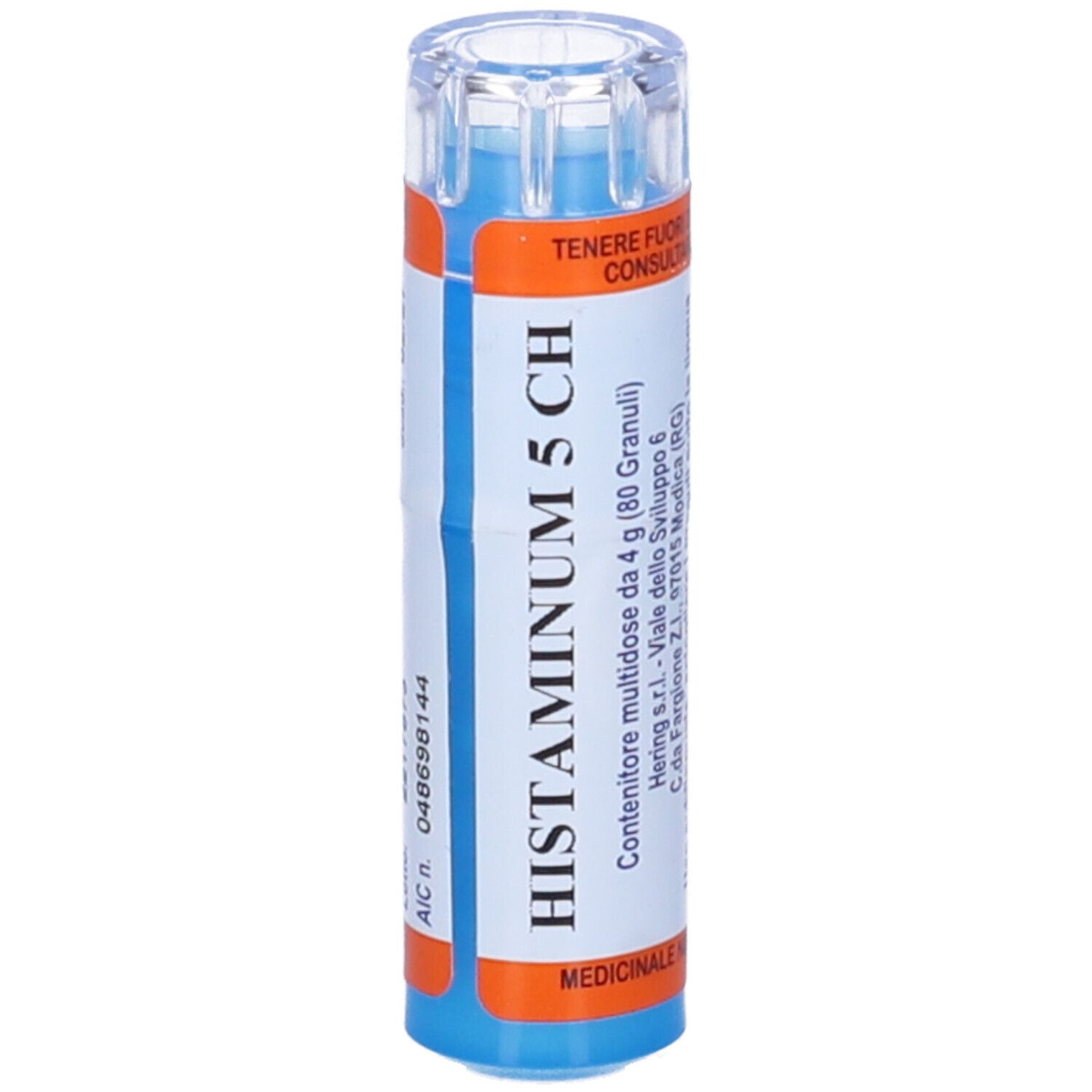 Flacone cilindrico blu con etichetta bianca e arancione. Scritta: Histaminum 5 CH, 80 Granuli.