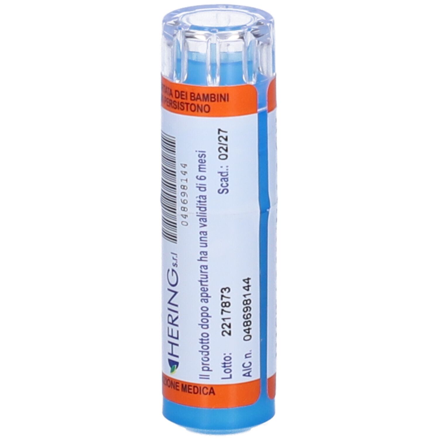 Flacone blu con etichetta bianca. Scritta: Hering, scadenza 02/27. Contiene Histaminum 5 CH.