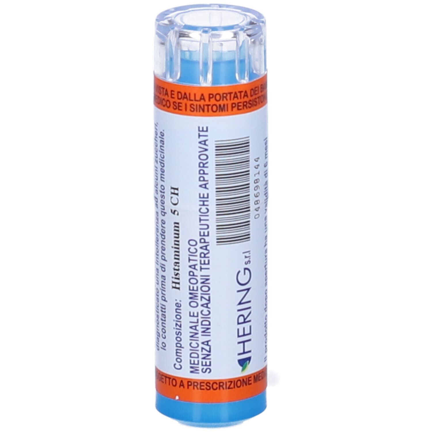 Flacone blu con etichetta bianca. Scritta: Hering, Medicinale, Histaminum 5 CH. Medicinale omeopatico.