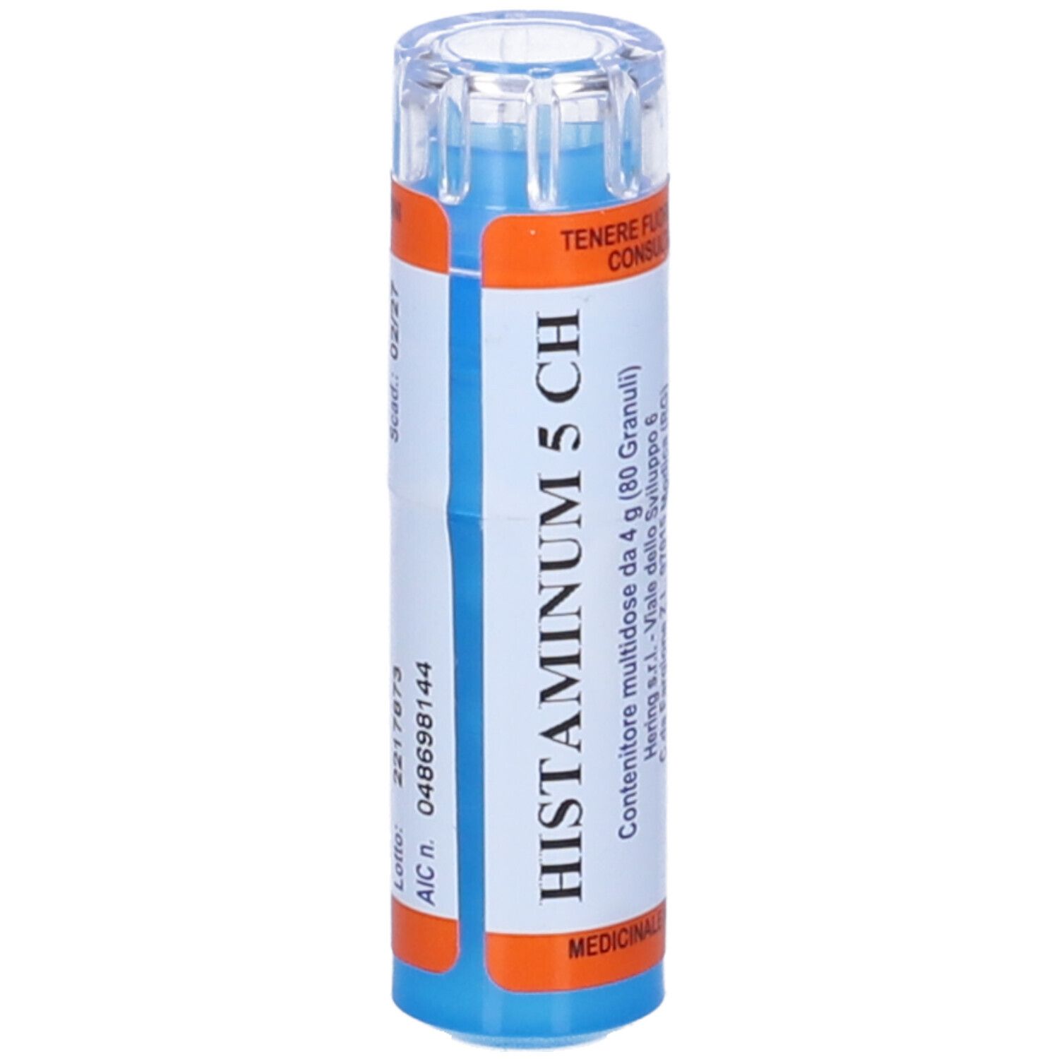 Flacone cilindrico blu con etichetta bianca e arancione. Scritta: Histaminum 5 CH, 80 Granuli.