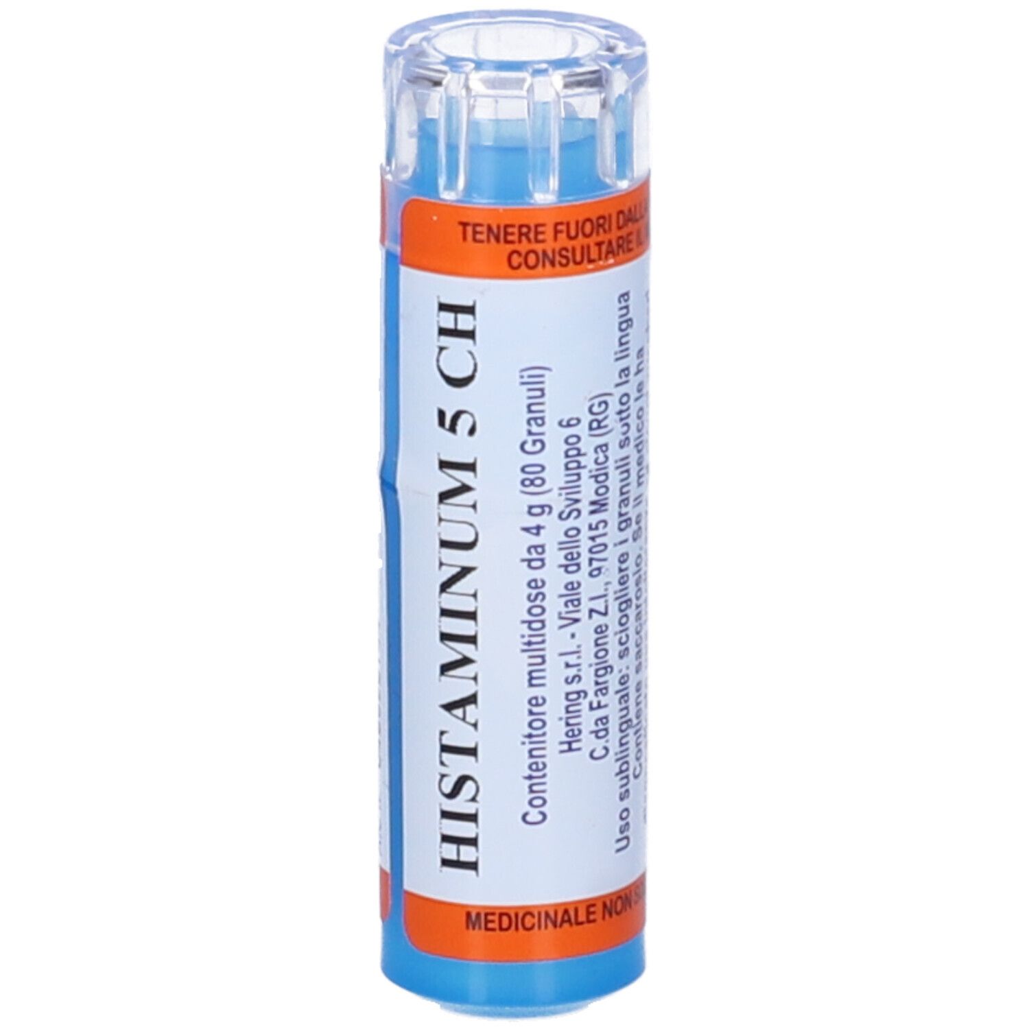 Flacone blu con etichetta bianca. Scritta: Histaminum 5 CH, 80 Granuli. Istruzioni in italiano.