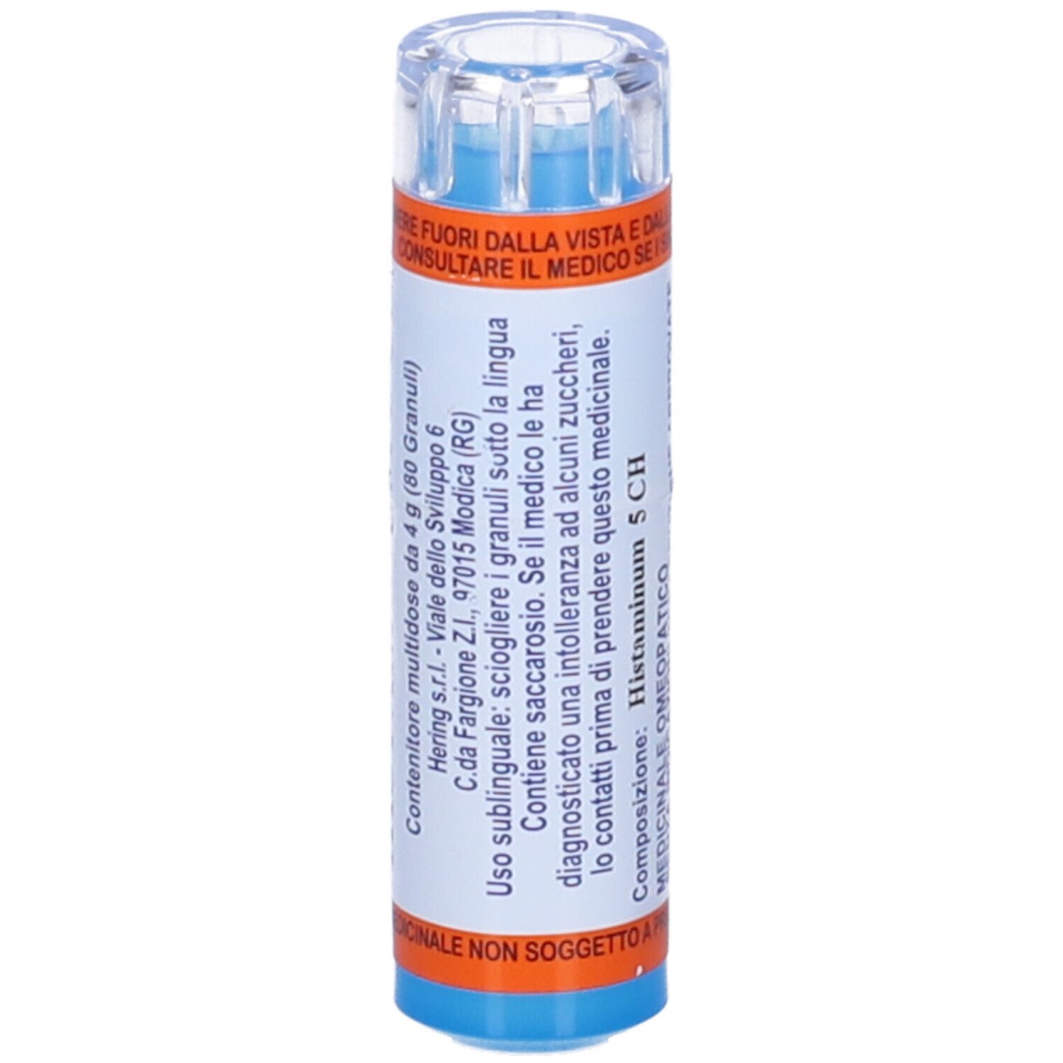 Flacone blu con etichetta bianca. Scritta: Histaminum 5 CH, 80 Granuli. Istruzioni in italiano.