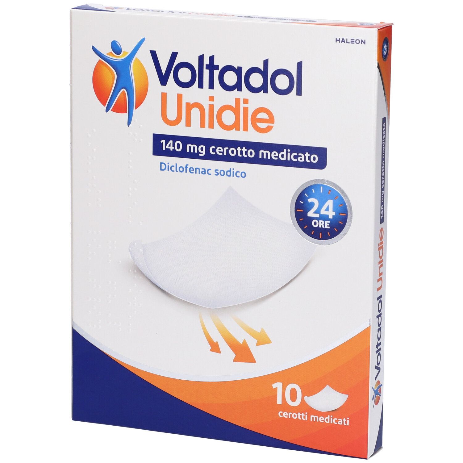 Confezione di Voltadol Unidie 140 mg cerotto medicato. Contiene 10 cerotti. Colori: blu, arancione e bianco.