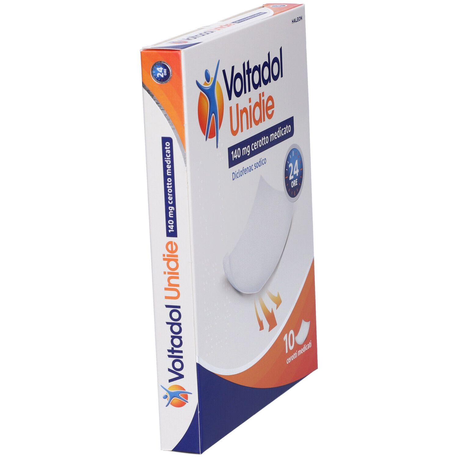 Confezione angolata di Voltadol Unidie 140 mg cerotto medicato. Contiene 10 cerotti. Colori: blu, arancione e bianco.