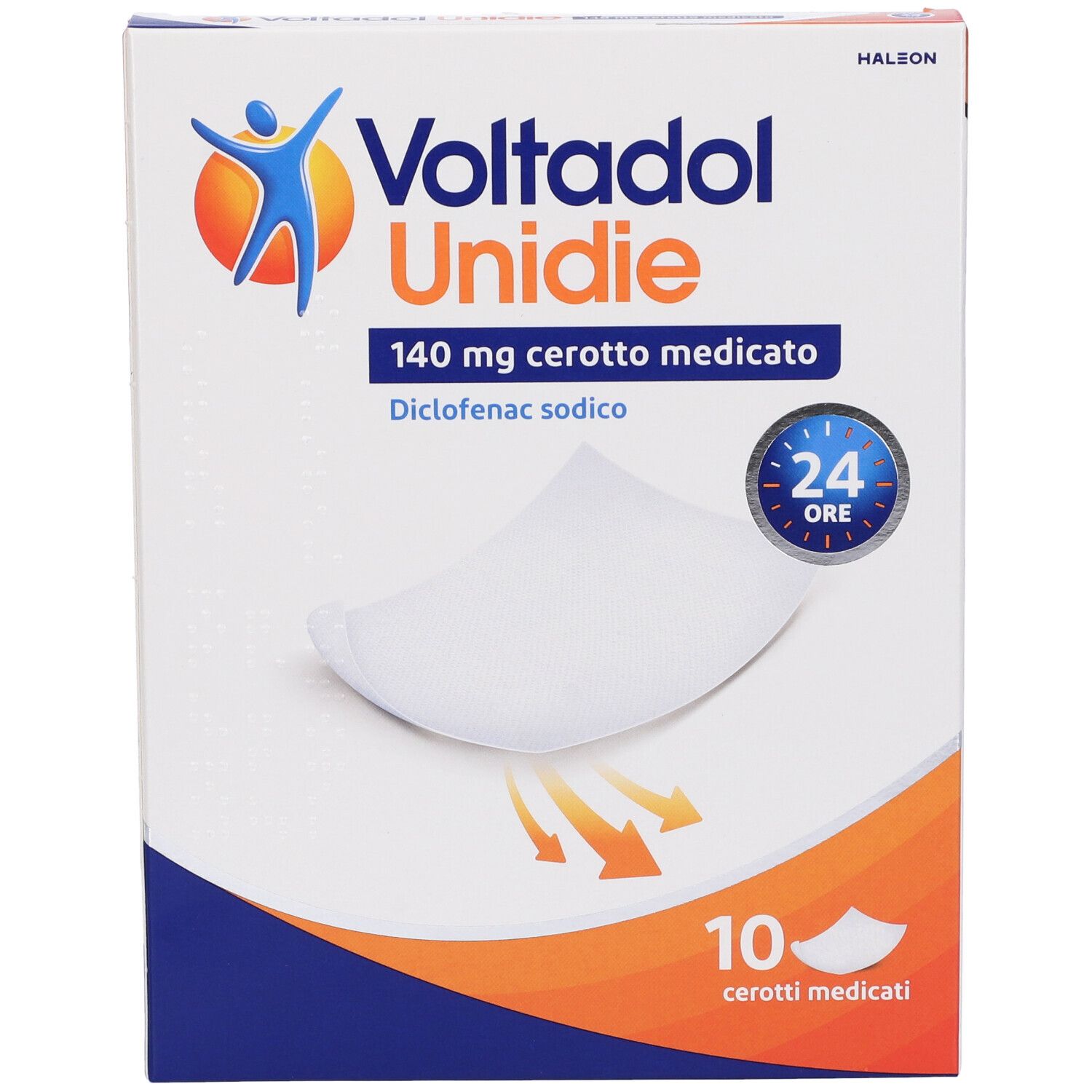 Confezione di Voltadol Unidie 140 mg cerotto medicato. Contiene 10 cerotti. Colori: blu, arancione e bianco.