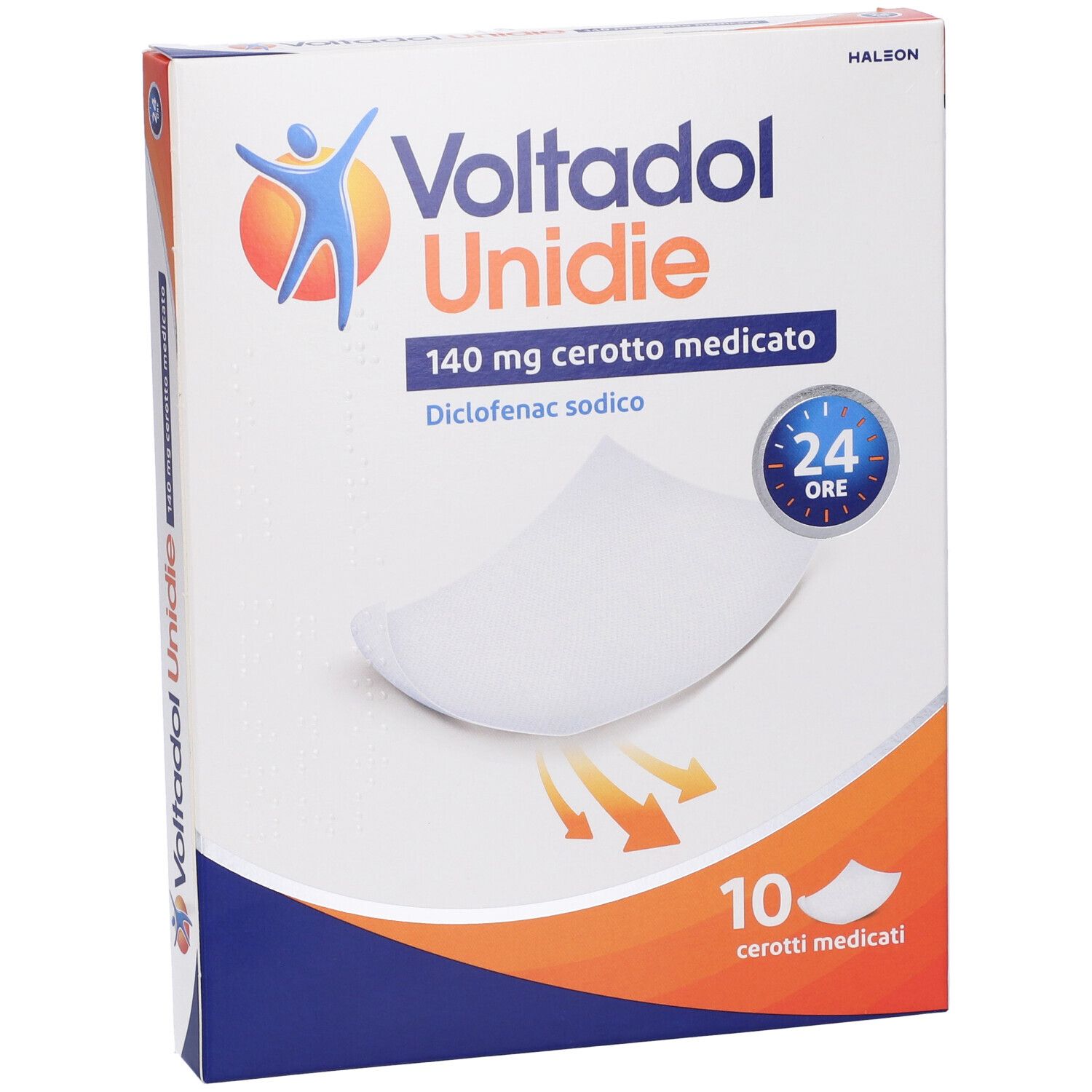 Confezione di Voltadol Unidie 140 mg cerotto medicato. Contiene 10 cerotti. Colori: blu, arancione e bianco.