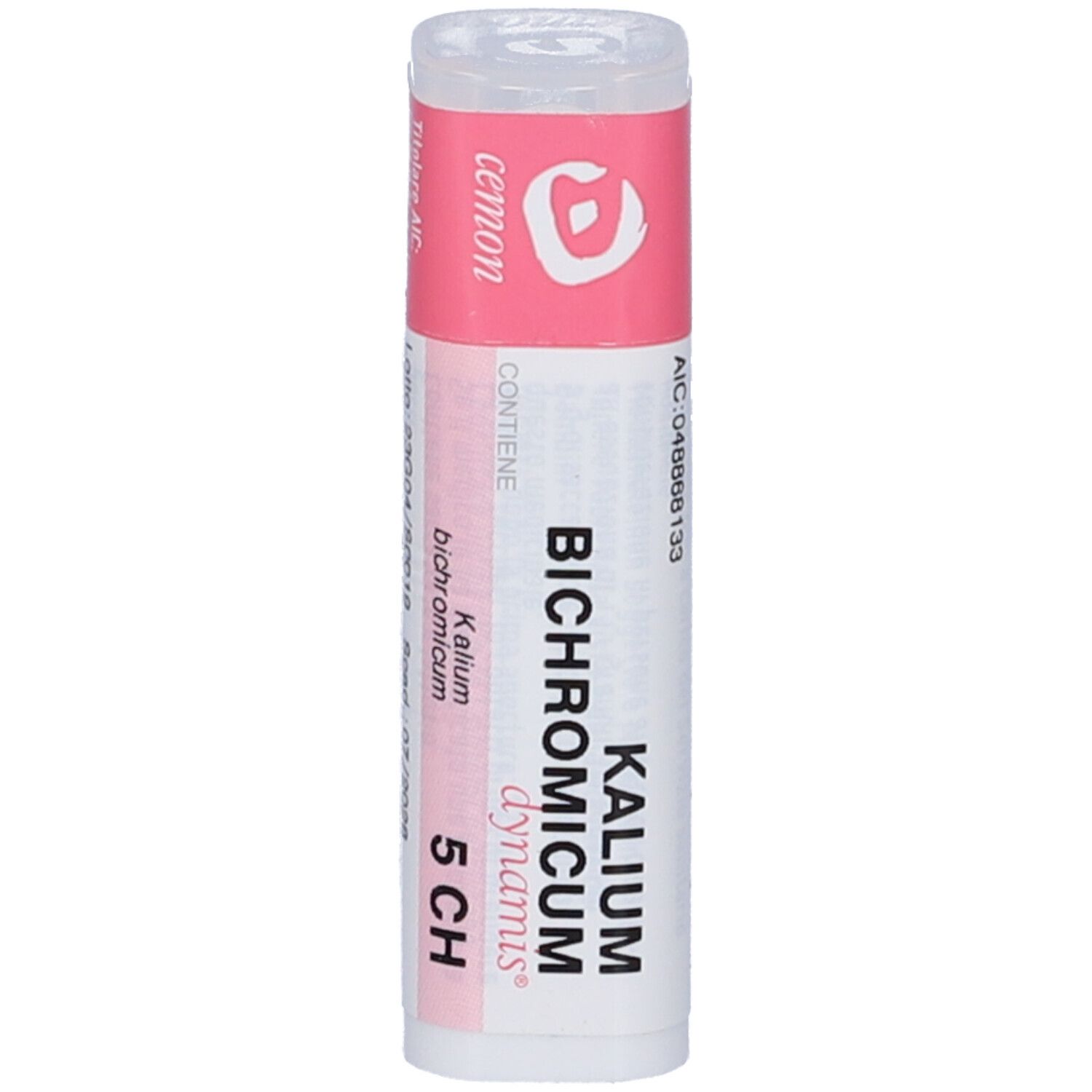 Confezione cilindrica bianca e rosa. Scritta: Kalium Bichromicum dynamis 5 CH. Tappo trasparente.