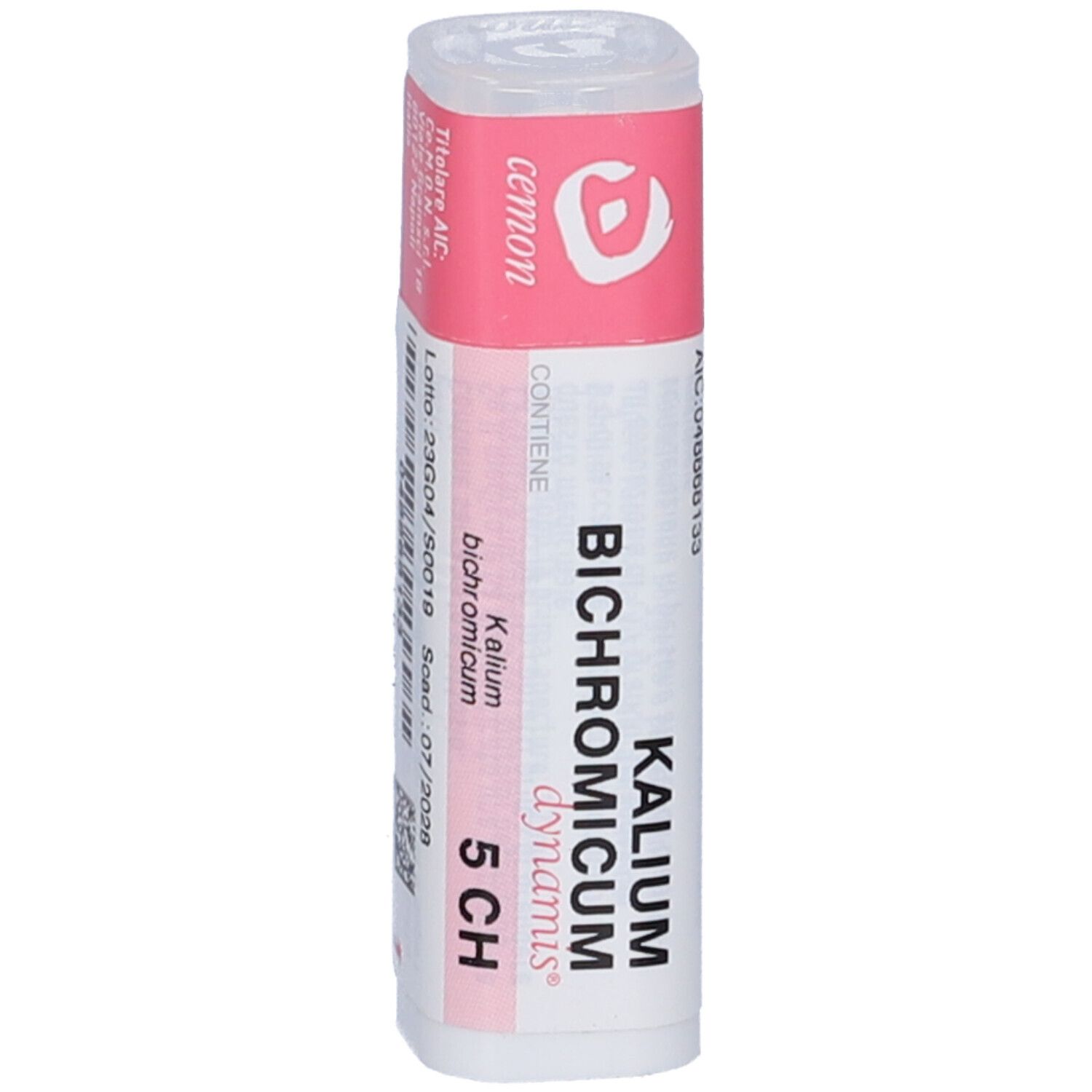 Confezione cilindrica bianca e rosa. Scritta: Kalium Bichromicum dynamis 5 CH. Tappo trasparente.