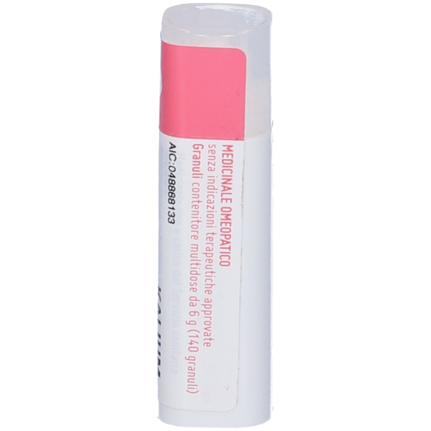 Confezione cilindrica bianca e rosa. Scritta: Kalium Bichromicum 5 CH. Tappo trasparente.