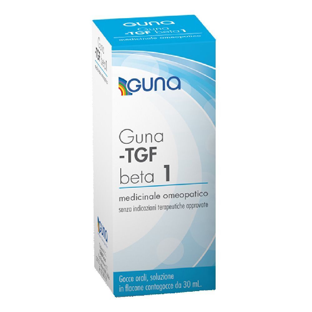 Scatola blu e bianca con logo Guna e scritta Guna-TGF beta 1. Gocce in flacone da 30 ml.