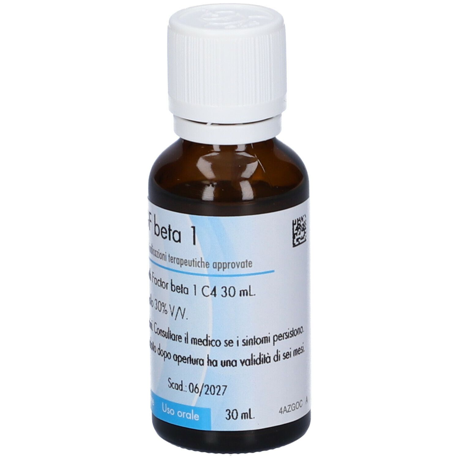 Flacone vetro marrone con tappo bianco. Etichetta con info prodotto. Volume 30 ml. Scadenza 06/2027.