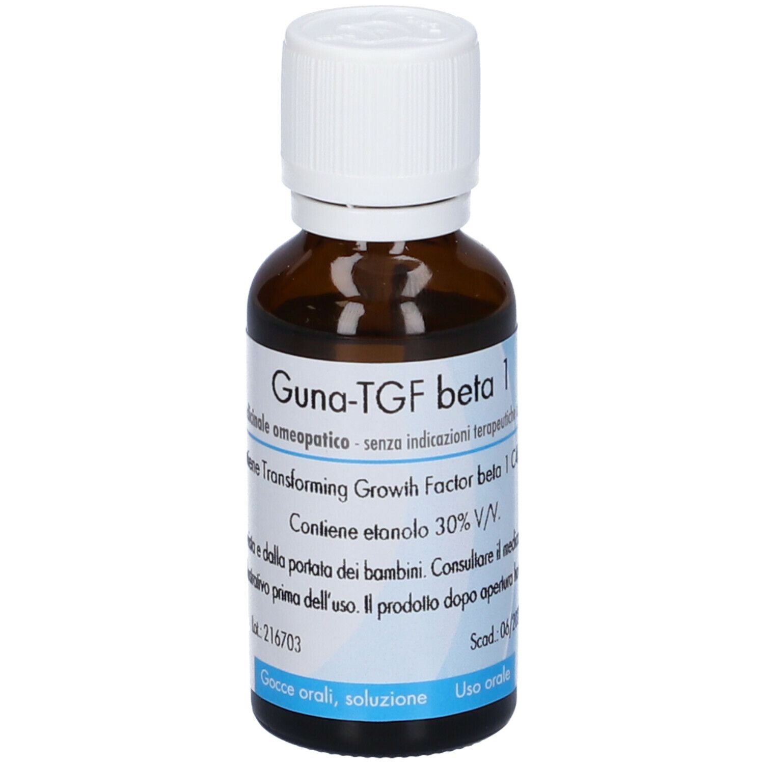 Flacone vetro marrone con tappo bianco. Etichetta con info prodotto. Guna-TGF beta 1. 30 ml.
