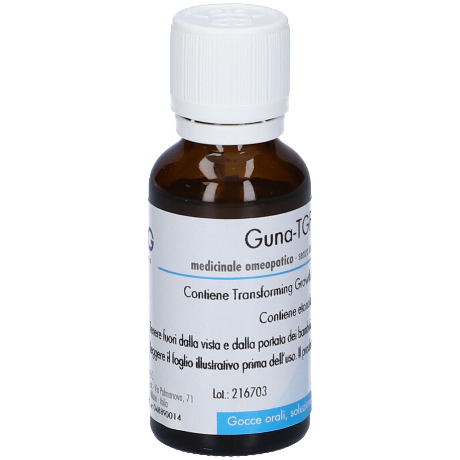 Flacone vetro marrone con tappo bianco. Etichetta con info prodotto. Guna-TGF beta 1. 30 ml.