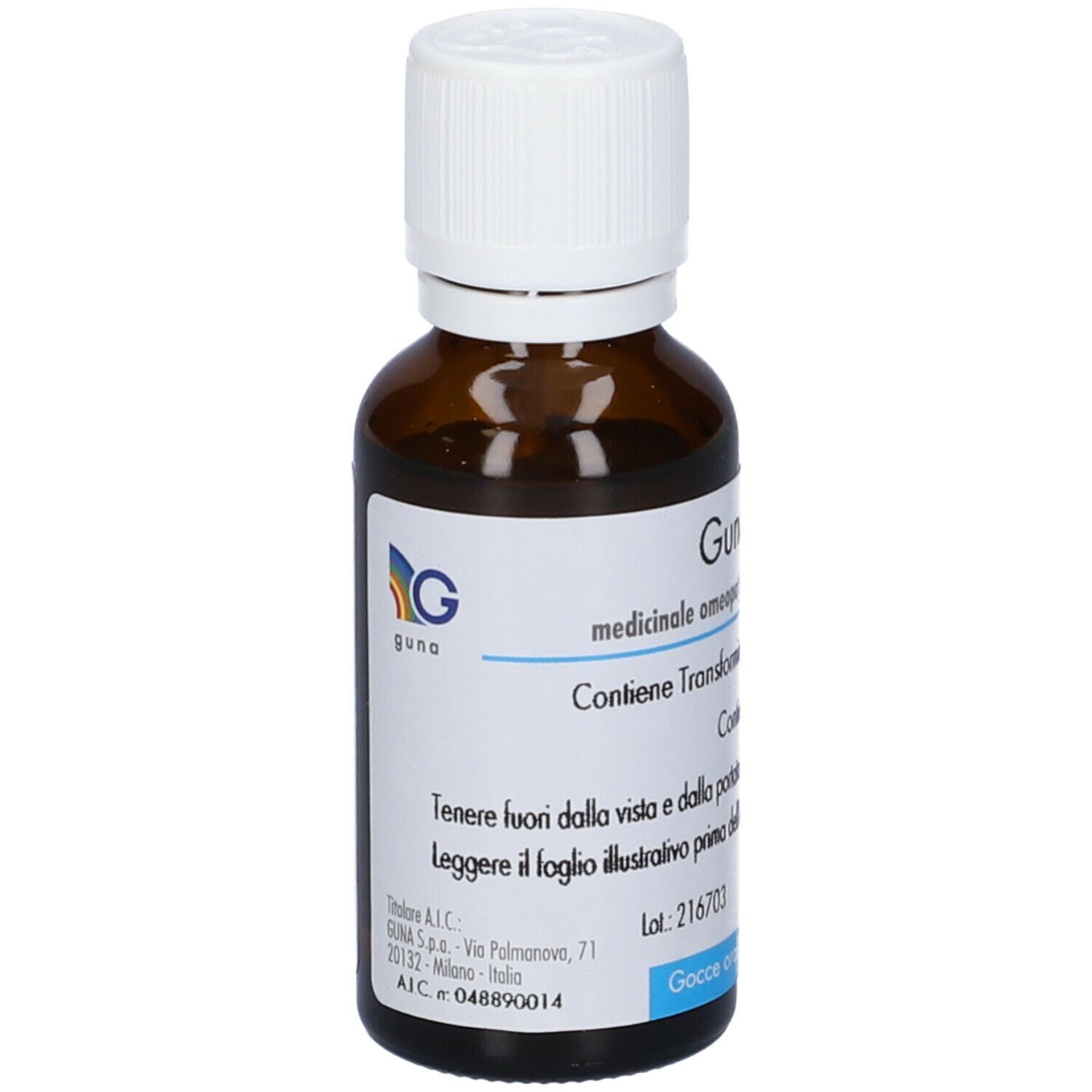 Flacone vetro marrone con tappo bianco. Etichetta con info prodotto. Logo Guna. 30 ml.