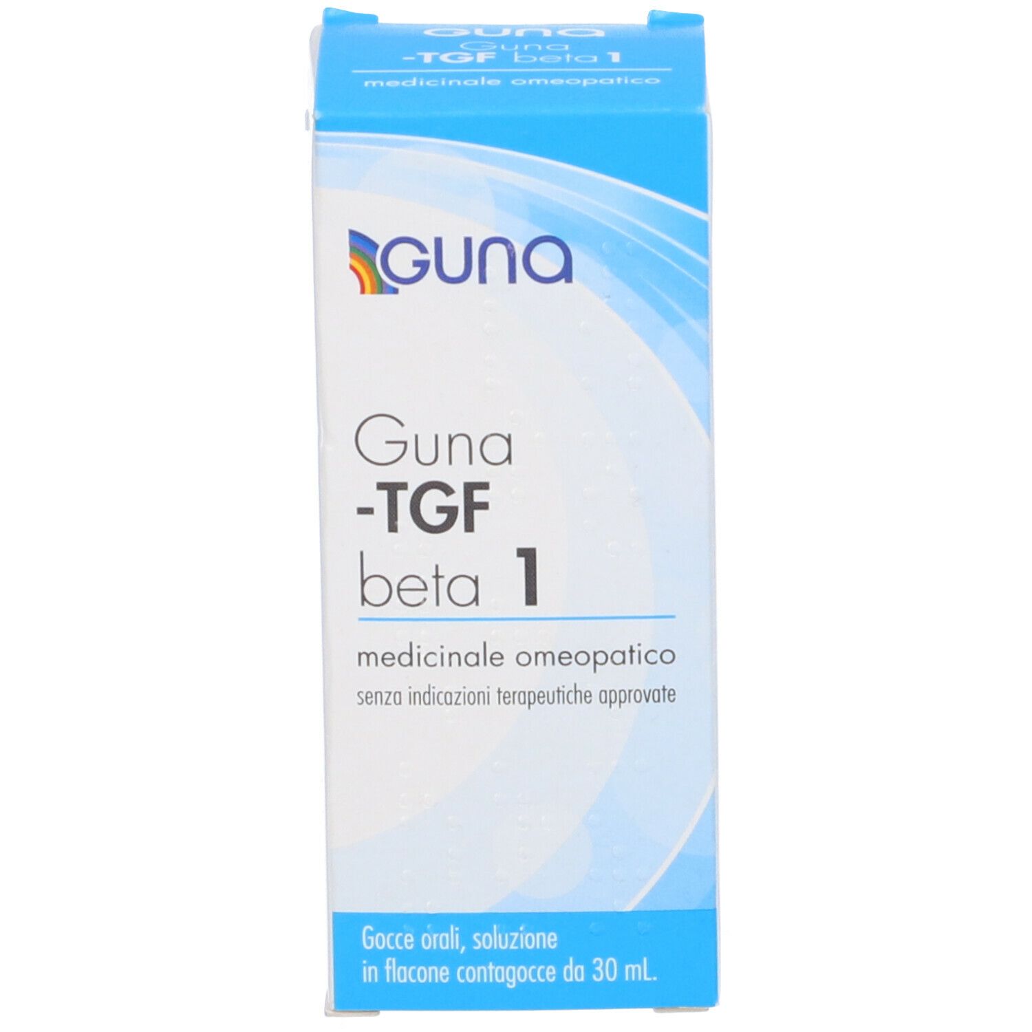 Scatola blu e bianca con logo Guna e scritta Guna-TGF beta 1. Gocce in flacone da 30 ml.