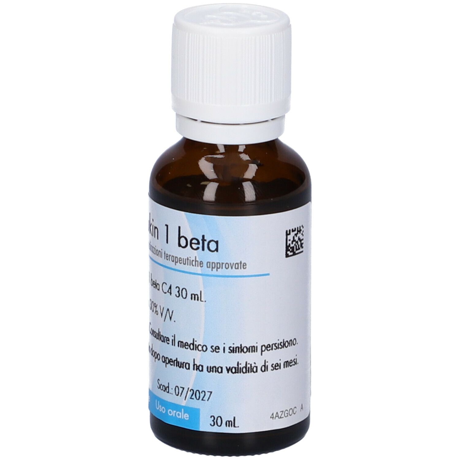 Flacone di vetro marrone con tappo bianco. Etichetta con nome del prodotto e informazioni. 30 ml.