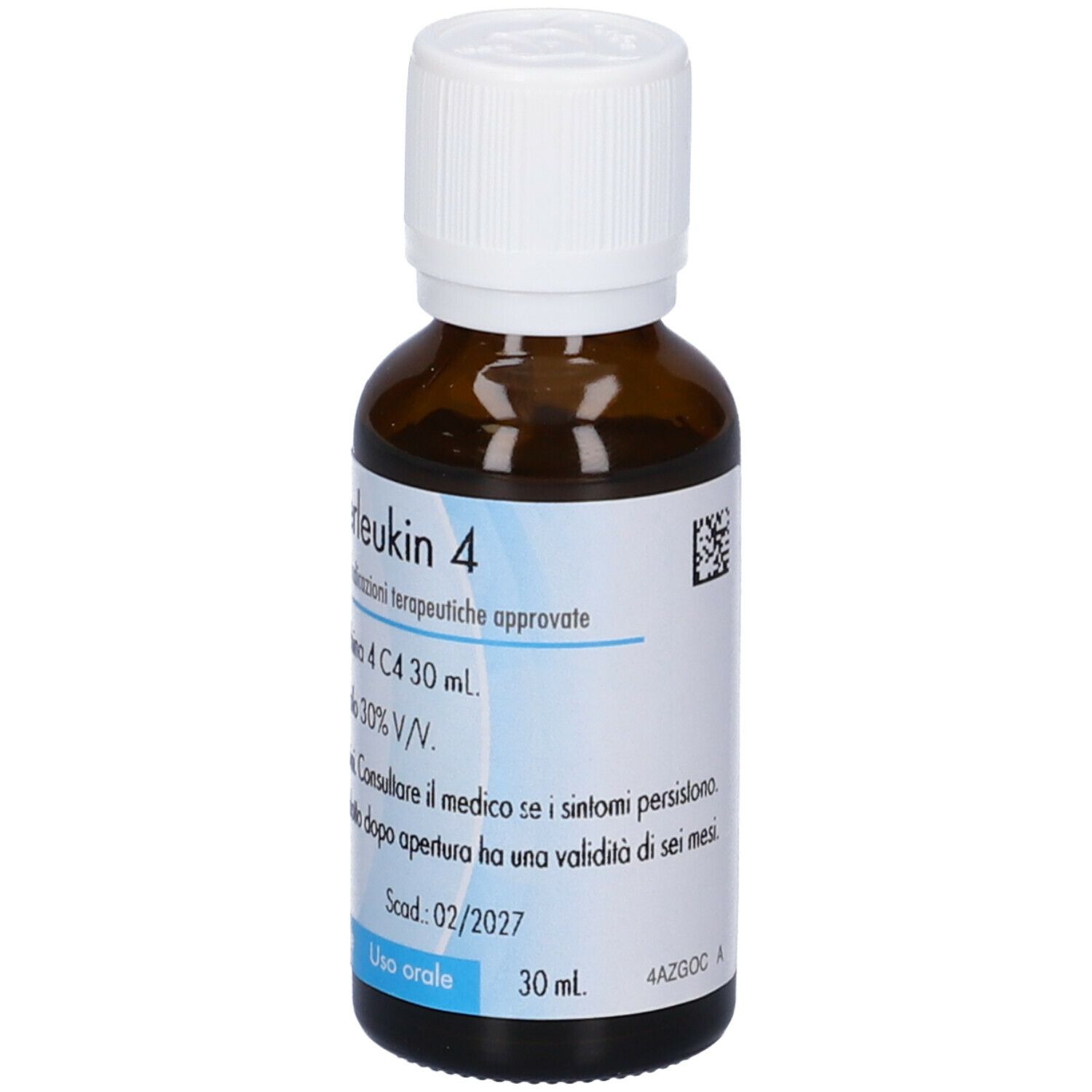 Flacone vetro marrone con tappo bianco. Etichetta con testo. Guna-Interleukin 4, 30 ml, Uso orale, scad. 02/2027.