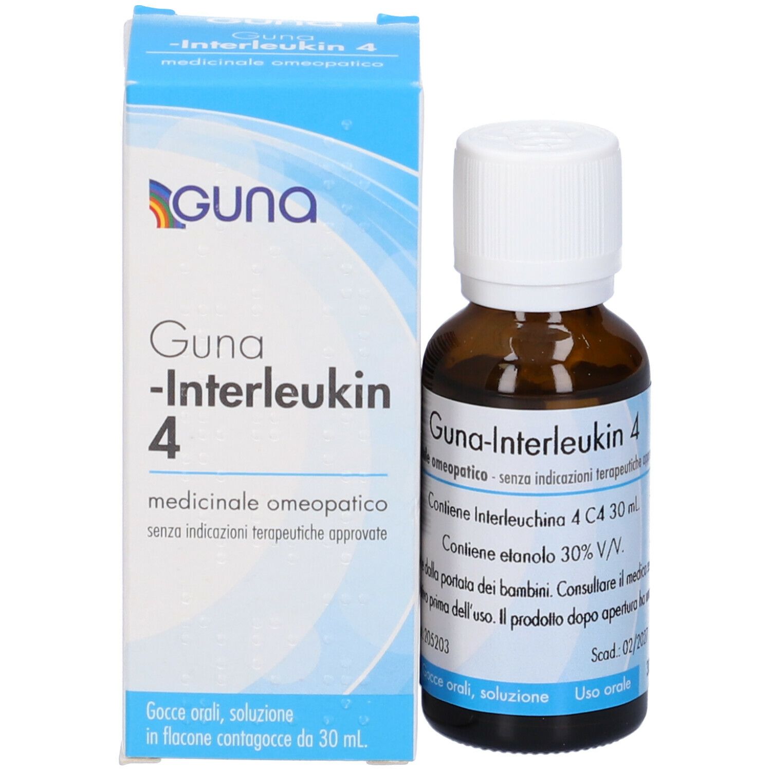 Confezione prodotto con flacone. Guna-Interleukin 4, flacone e scatola. 30 ml, gocce.