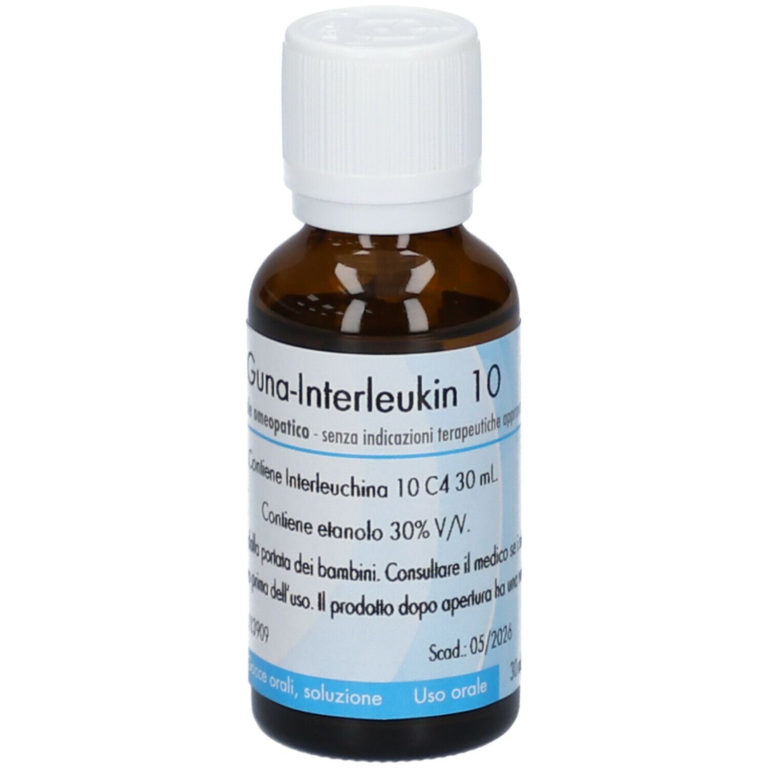 Flacone di vetro marrone con tappo bianco. Etichetta con nome prodotto Guna-Interleukin 10 e ingredienti.