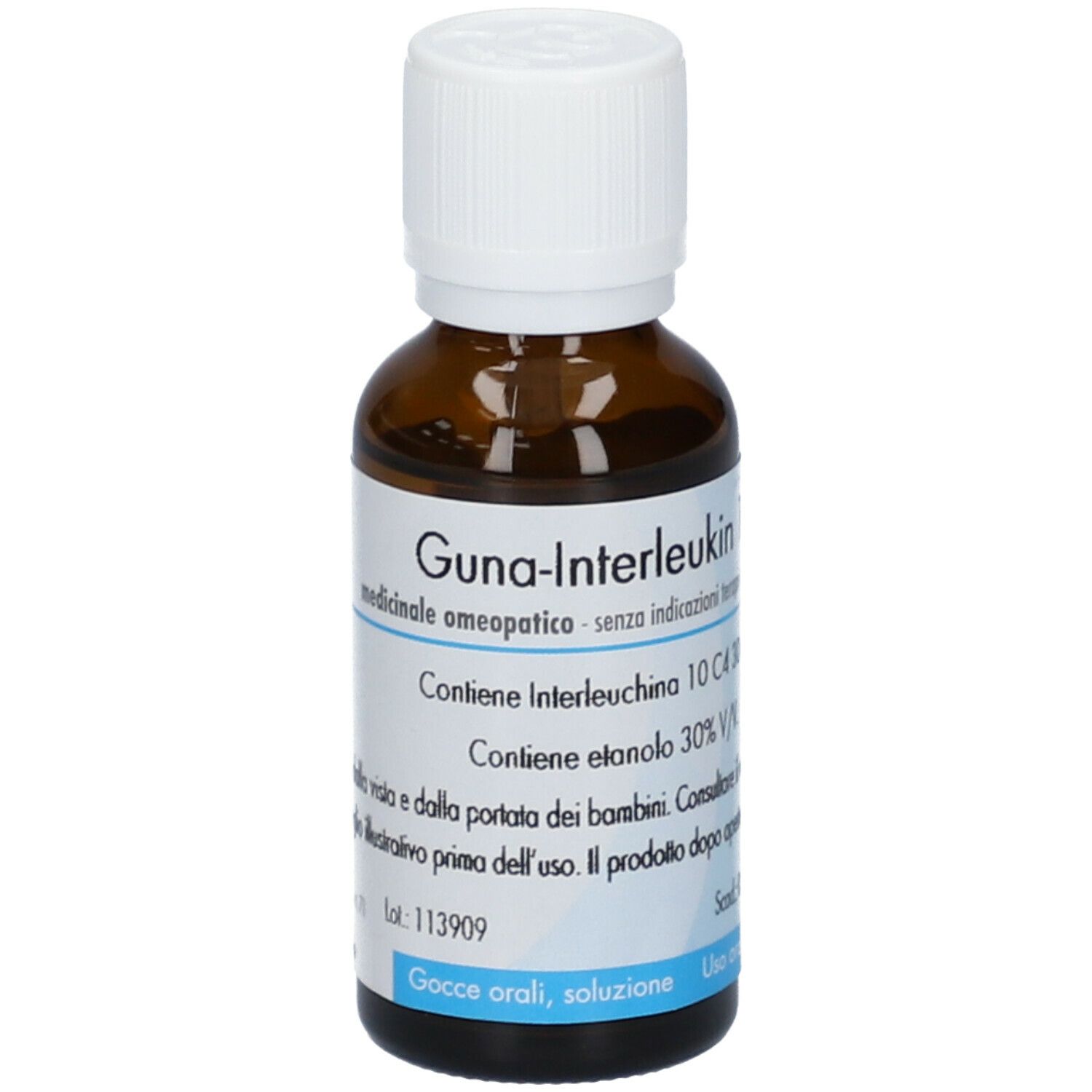 Flacone di vetro marrone con tappo bianco. Etichetta con nome prodotto Guna-Interleukin 10 e ingredienti.