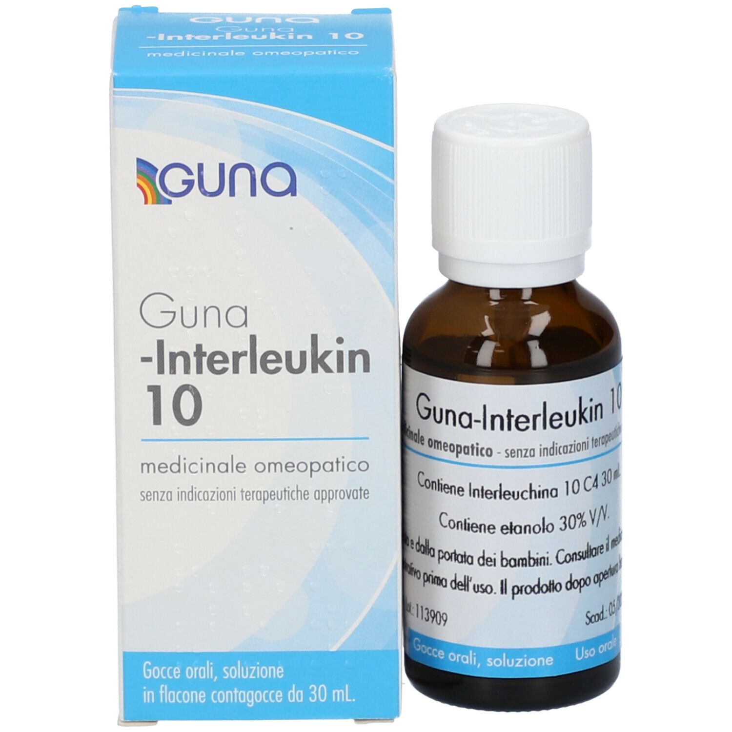 Flacone e confezione. Scatola blu con nome del prodotto Guna-Interleukin 10 e flacone.