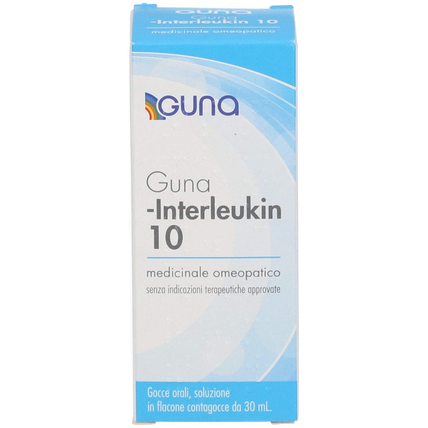 Confezione blu con nome del prodotto Guna-Interleukin 10. Contiene informazioni e logo.