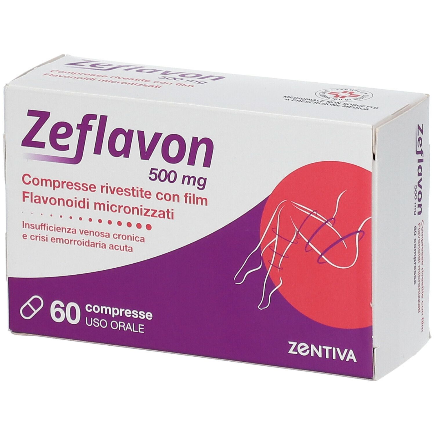 Scatola di Zeflavon 500 mg, 60 compresse. Confezione bianca e viola. Contiene informazioni sui flavonoidi.
