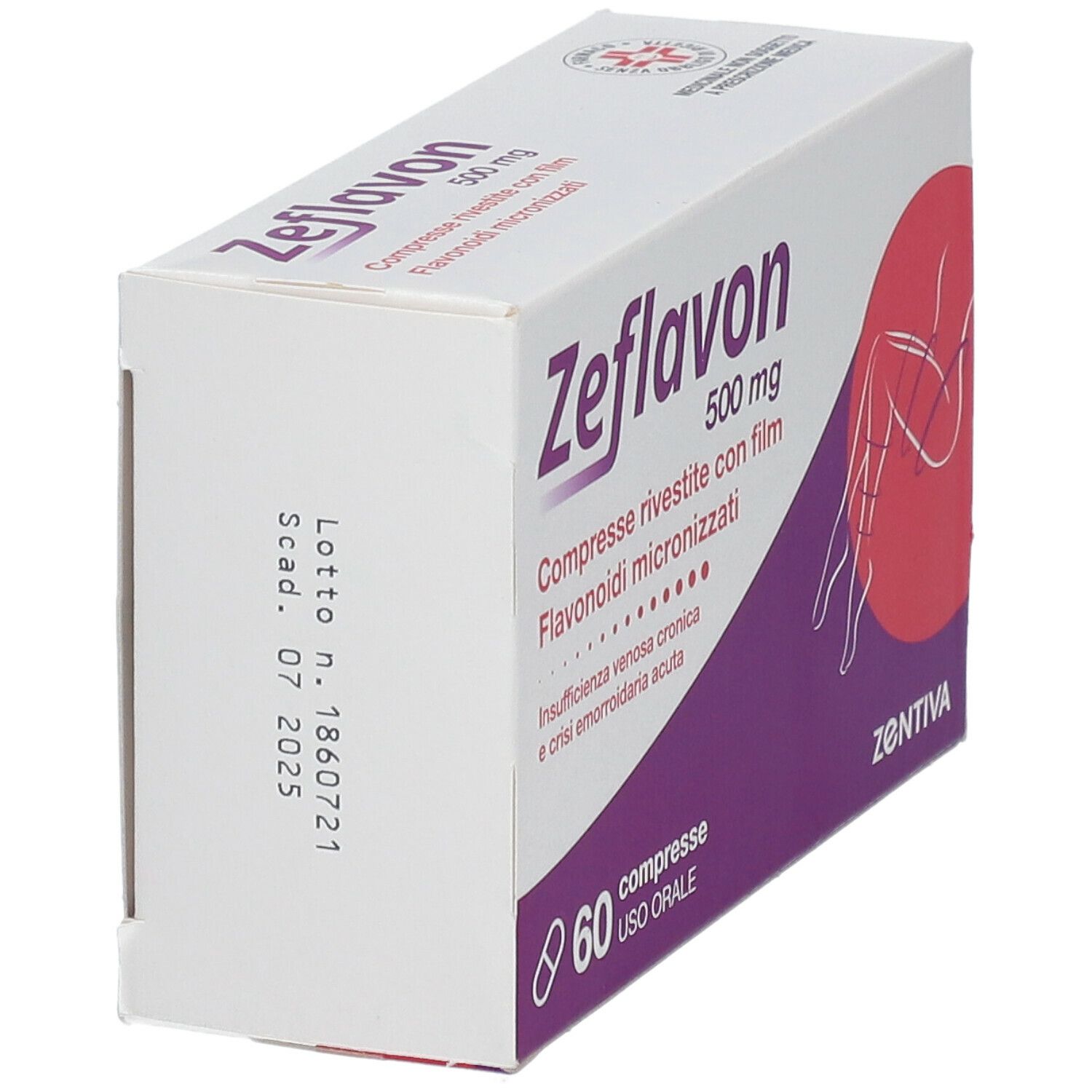 Scatola Zeflavon 500 mg, vista laterale. Contiene informazioni sui flavonoidi. Scadenza 07 2025.