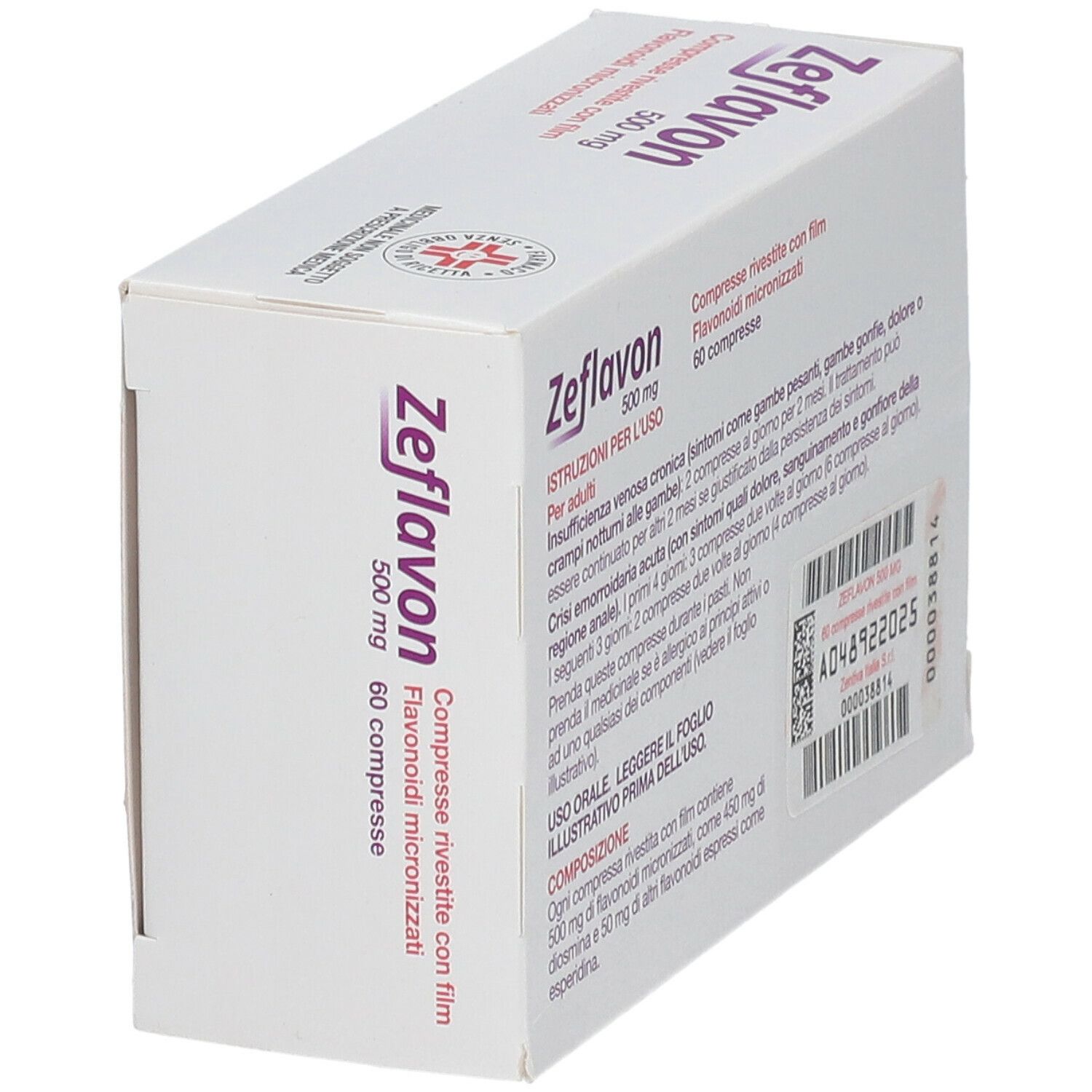 Scatola Zeflavon 500 mg, vista obliqua. Contiene informazioni sui flavonoidi e il dosaggio.