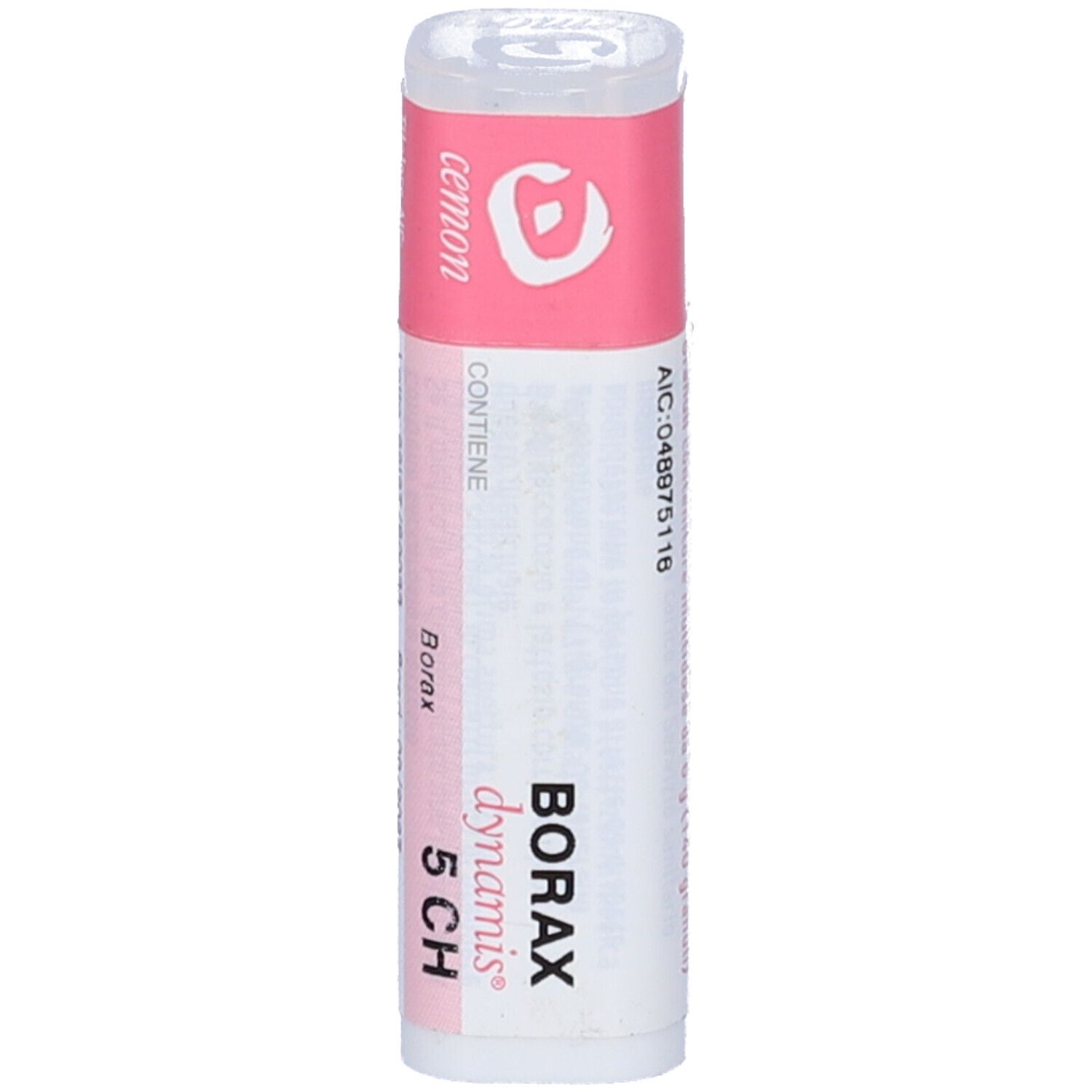 Confezione cilindrica bianca e rosa. Scritta: Borax dynamis 5 CH. Contiene granuli. Logo del produttore.