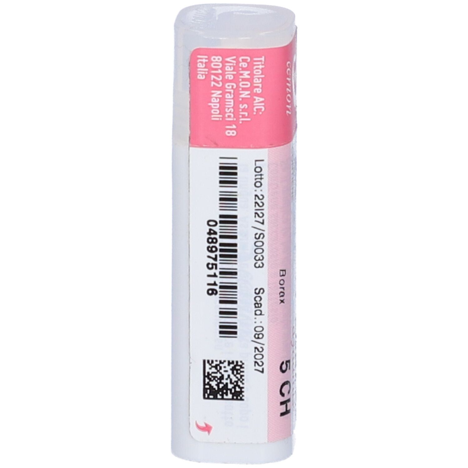 Confezione cilindrica bianca e rosa. Codice a barre e numero di lotto. Scritta: Borax 5 CH. Indirizzo del produttore.