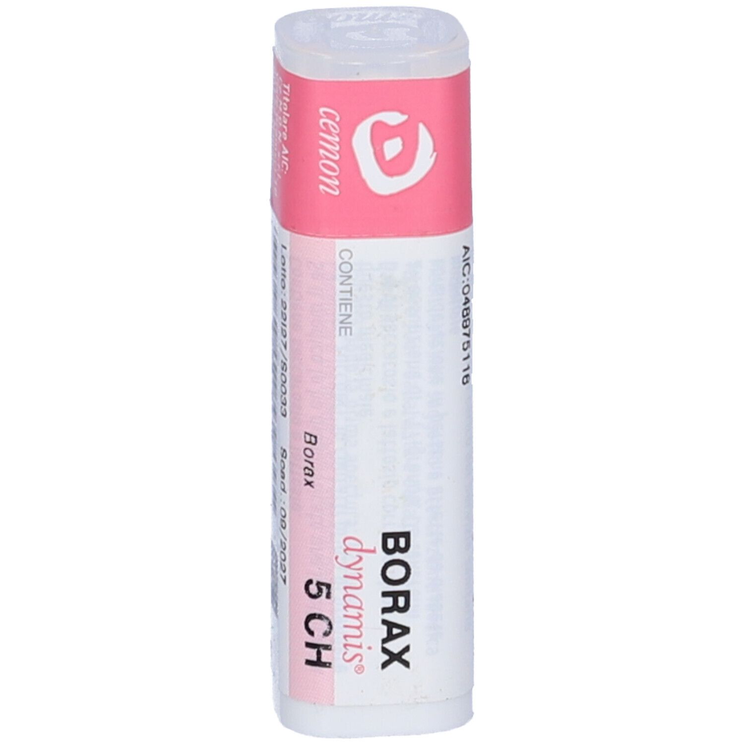 Confezione cilindrica bianca e rosa. Scritta: Borax dynamis 5 CH. Logo del produttore e numero di lotto.