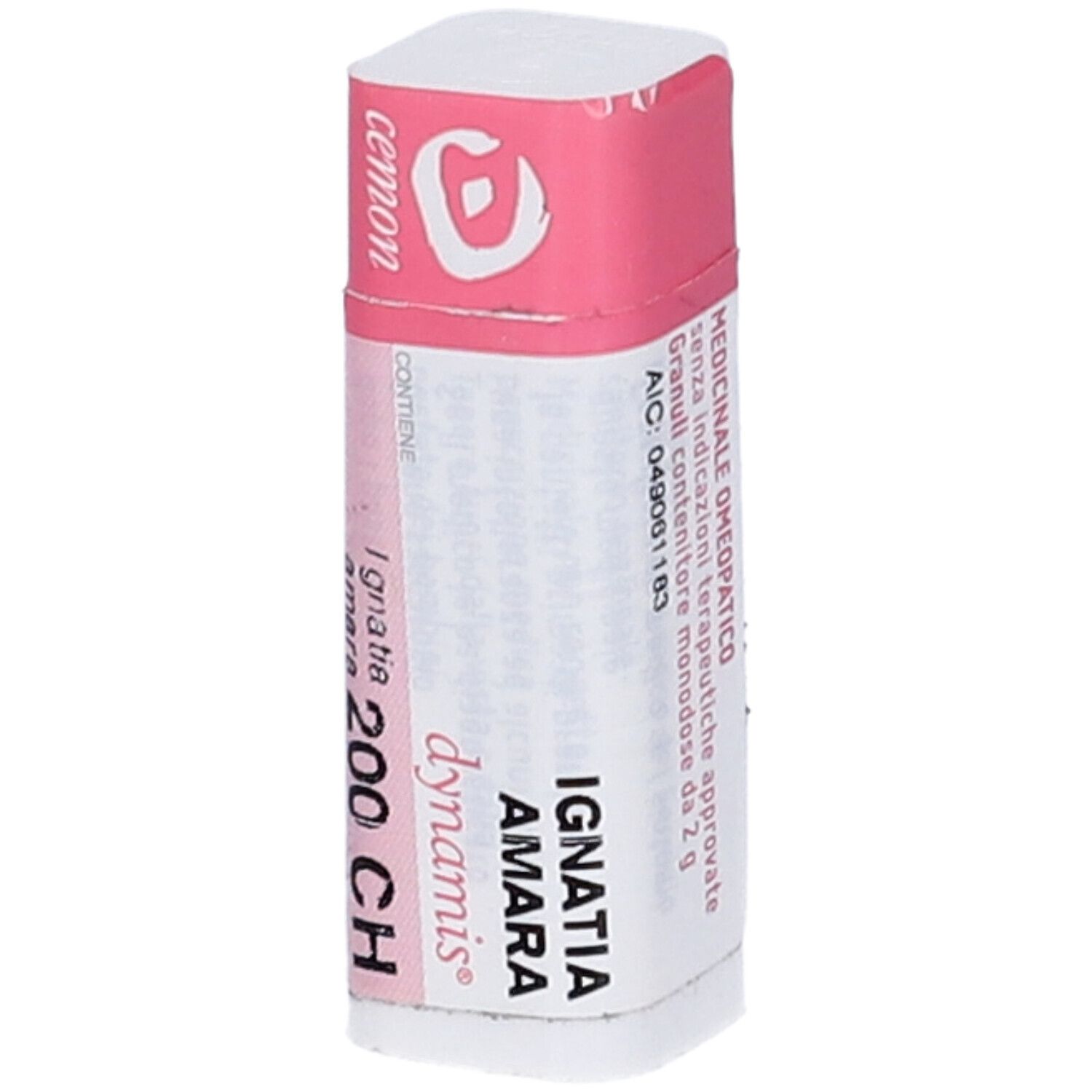 Contenitore cilindrico bianco e rosa. Testo: Ignatia Amara 200 CH, dynamis, cemon. Contiene granuli.