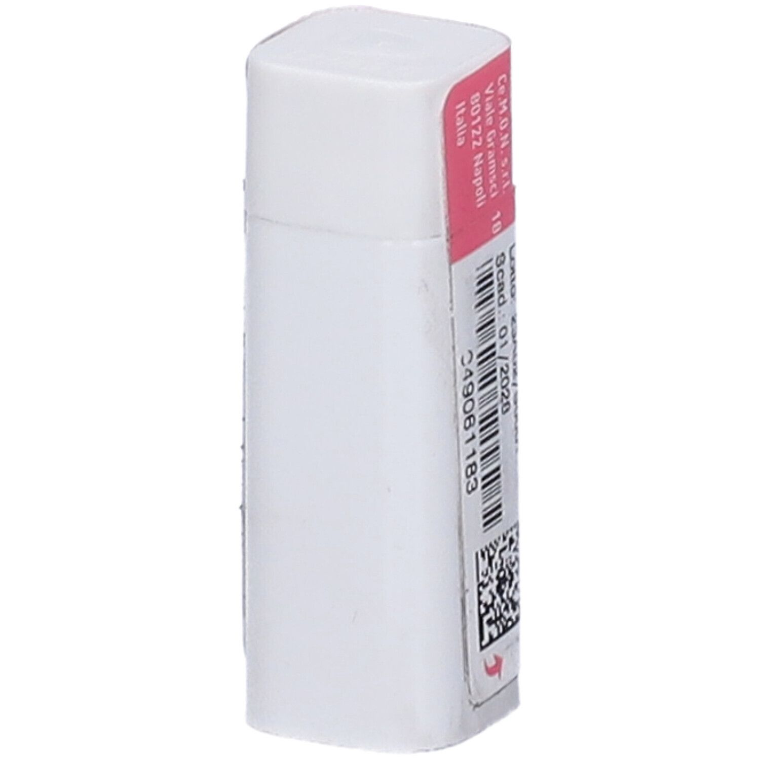 Contenitore cilindrico bianco con etichetta rosa. Codice a barre e testo. Informazioni del produttore.