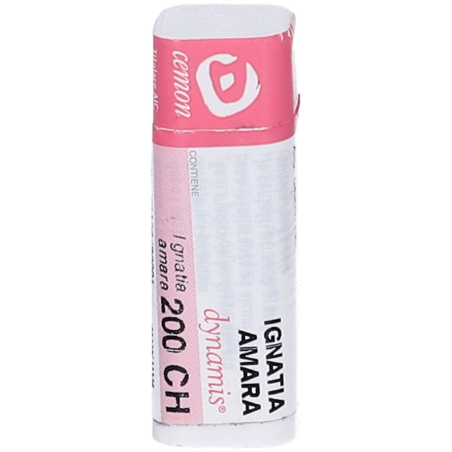 Contenitore cilindrico bianco e rosa. Testo: Ignatia Amara 200 CH, dynamis, cemon. Contiene granuli.