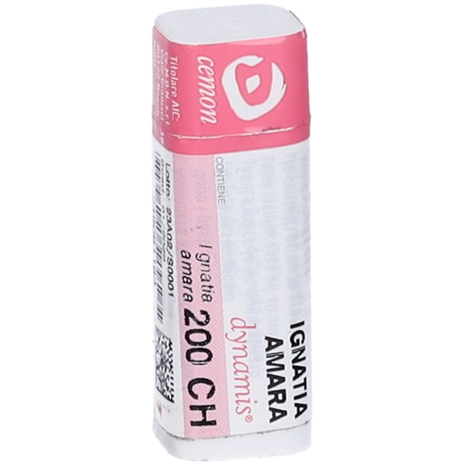 Contenitore cilindrico bianco e rosa. Testo: Ignatia Amara 200 CH, dynamis, cemon. Codice a barre.