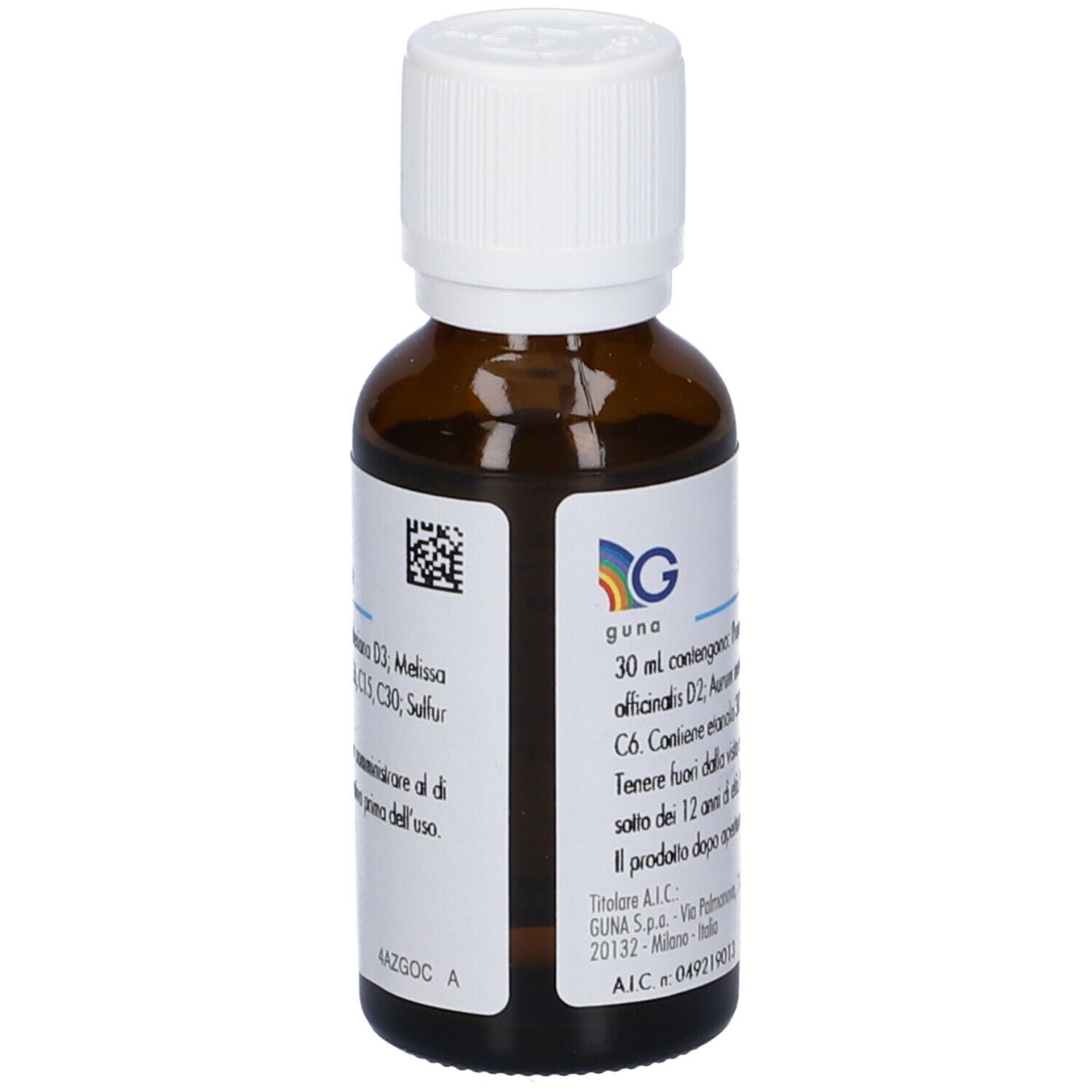 Flacone di vetro marrone con tappo bianco. Etichetta con testo e logo. Codice QR. Gocce.