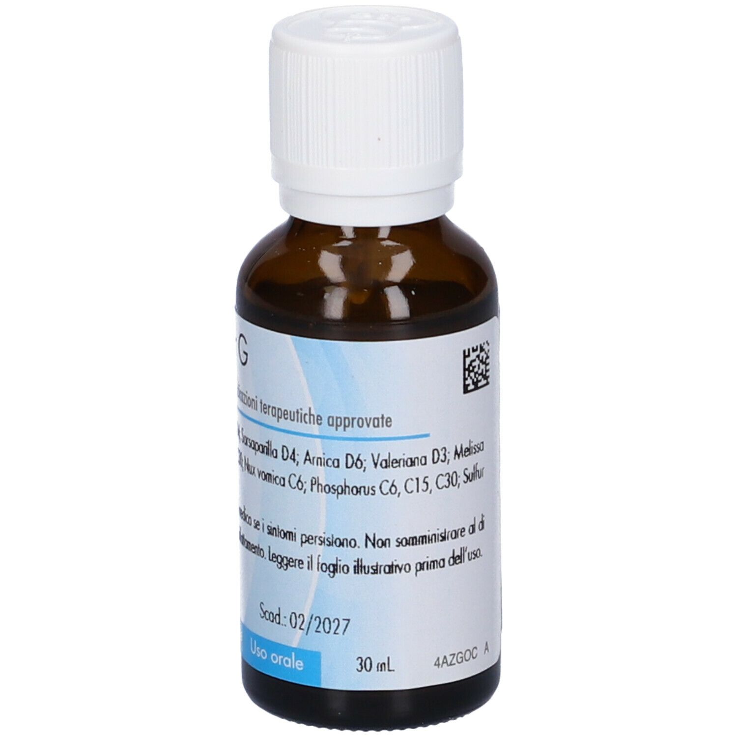 Flacone di vetro marrone con tappo bianco. Etichetta con testo e logo. 30 ml. Gocce.