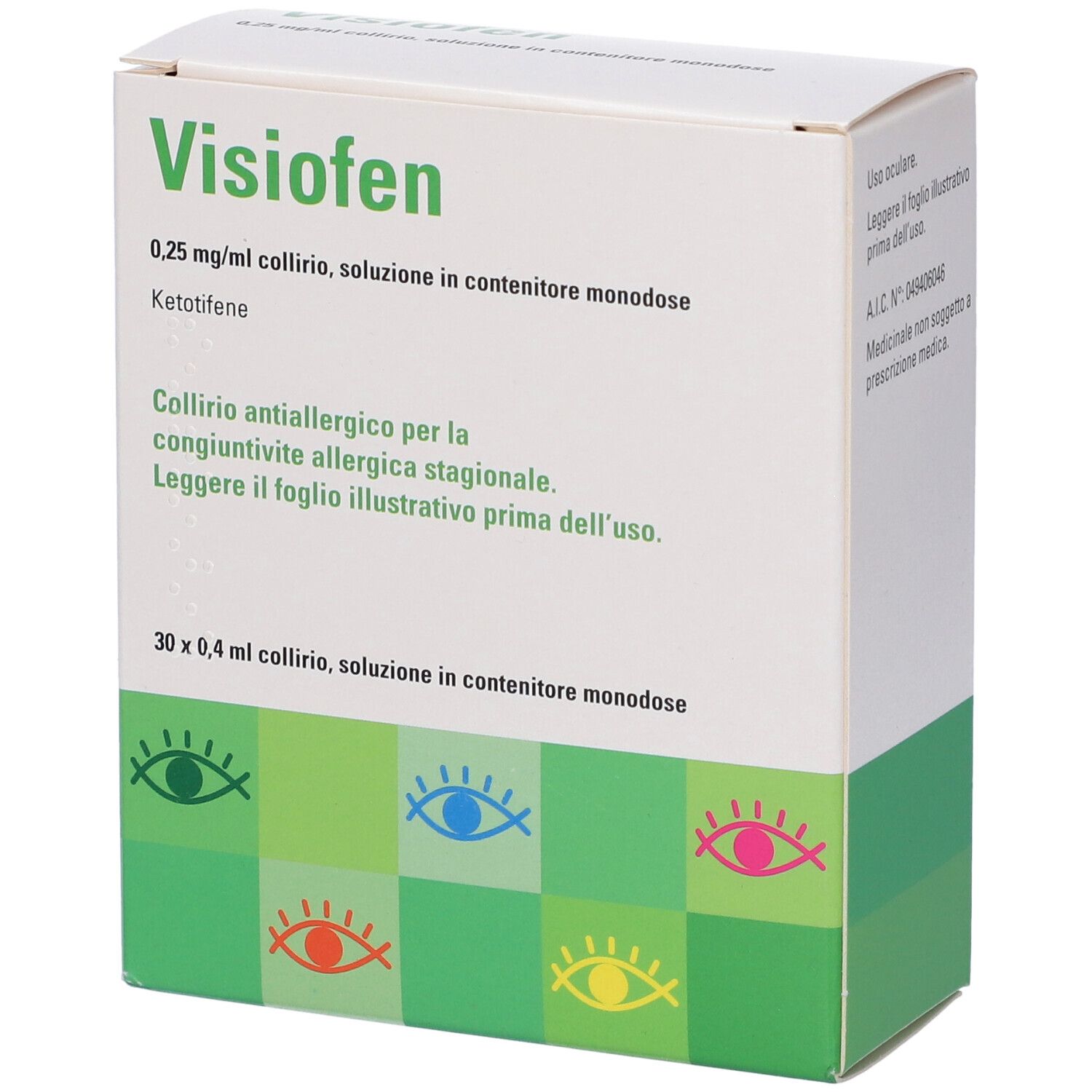 Scatola di collirio Visiofen. Scritta: 0,25 mg/ml, soluzione in contenitori monodose. Contiene 30 x 0,4 ml. Trattamento allergie.