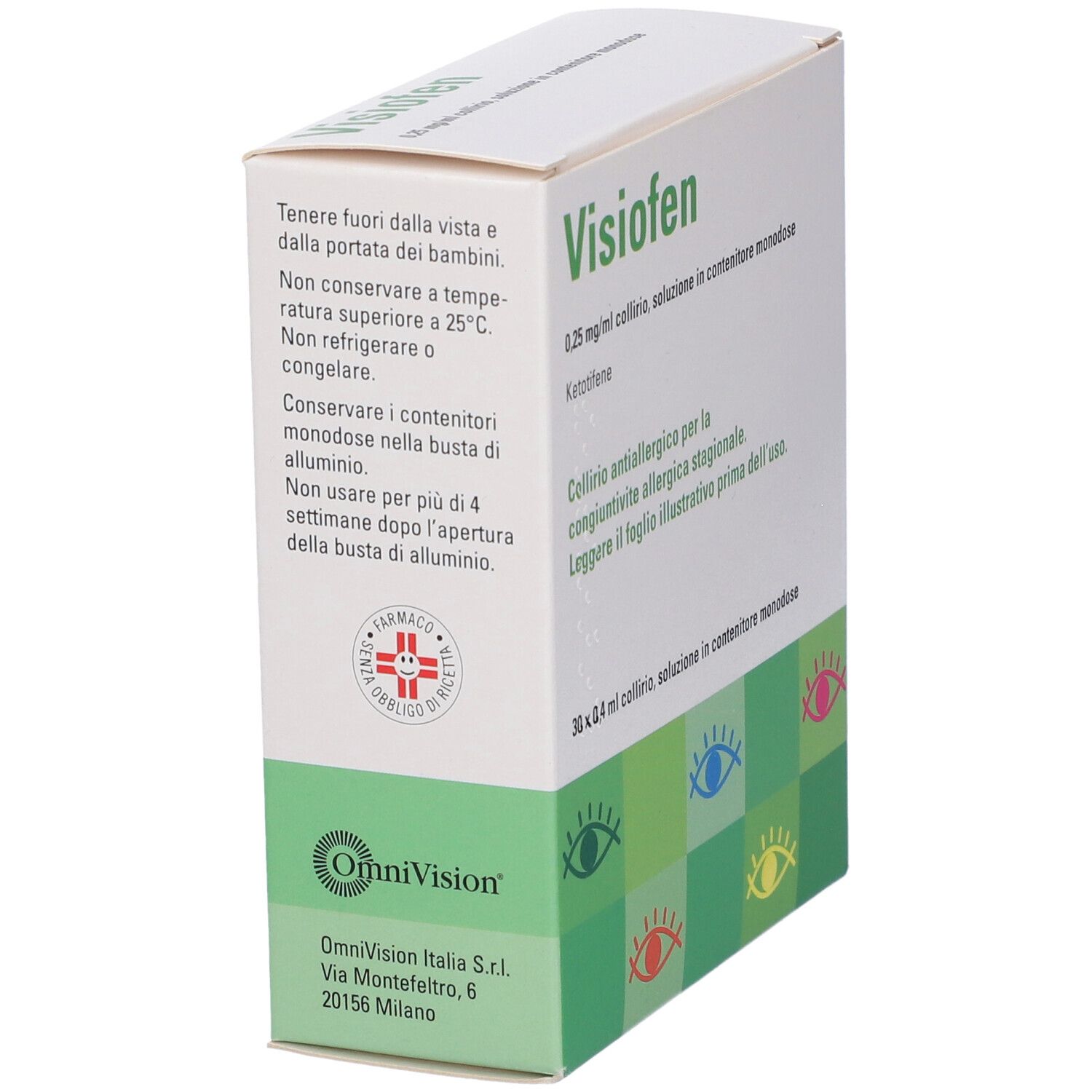 Scatola Visiofen, vista laterale. Scritta: 0,25 mg/ml, soluzione in contenitori monodose. Logo OmniVision. Indirizzo: Via Montefeltro, 6, Milano.