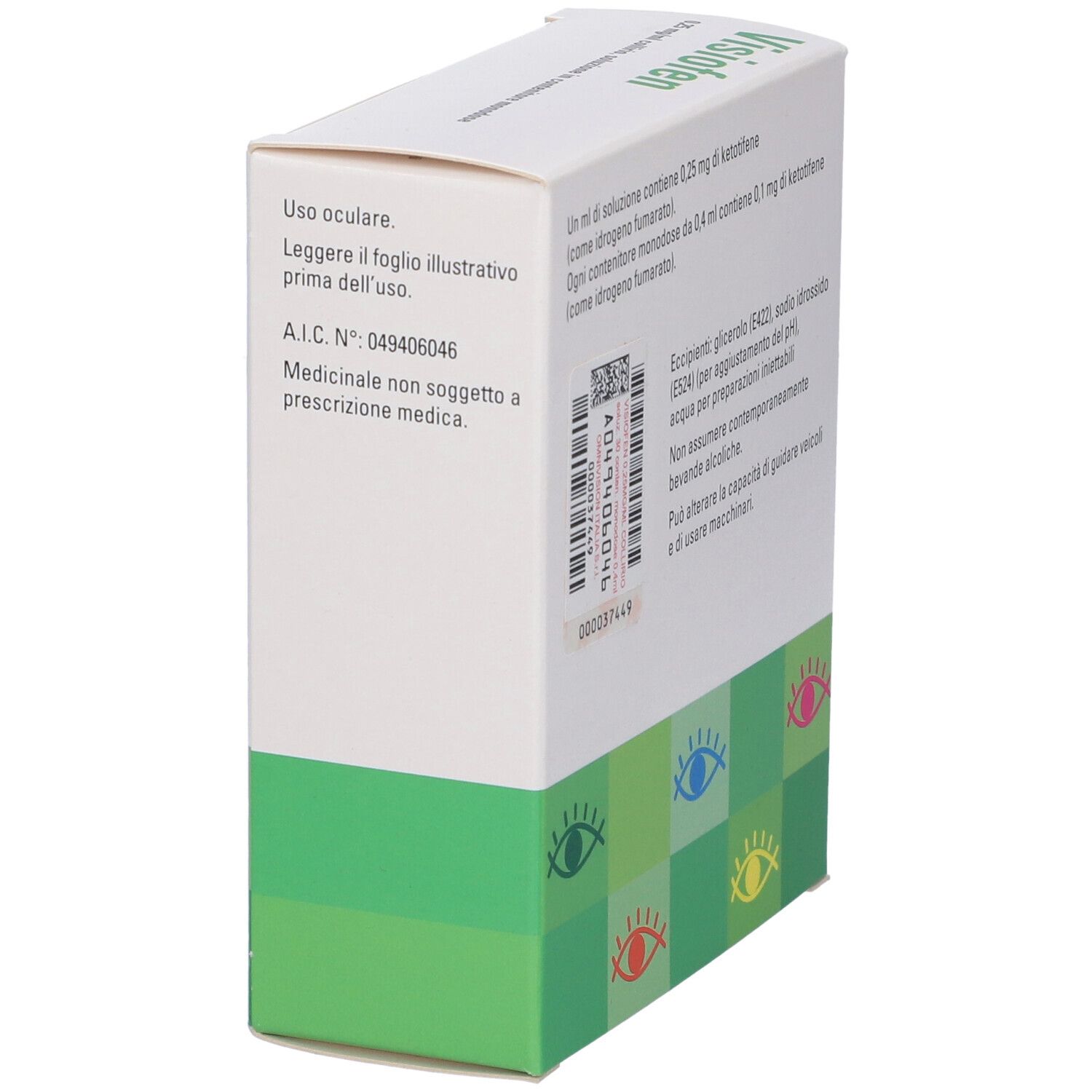 Vista laterale della scatola Visiofen. Contiene informazioni sull'uso. A.I.C. N.: 049406046. Non soggetto a prescrizione medica.