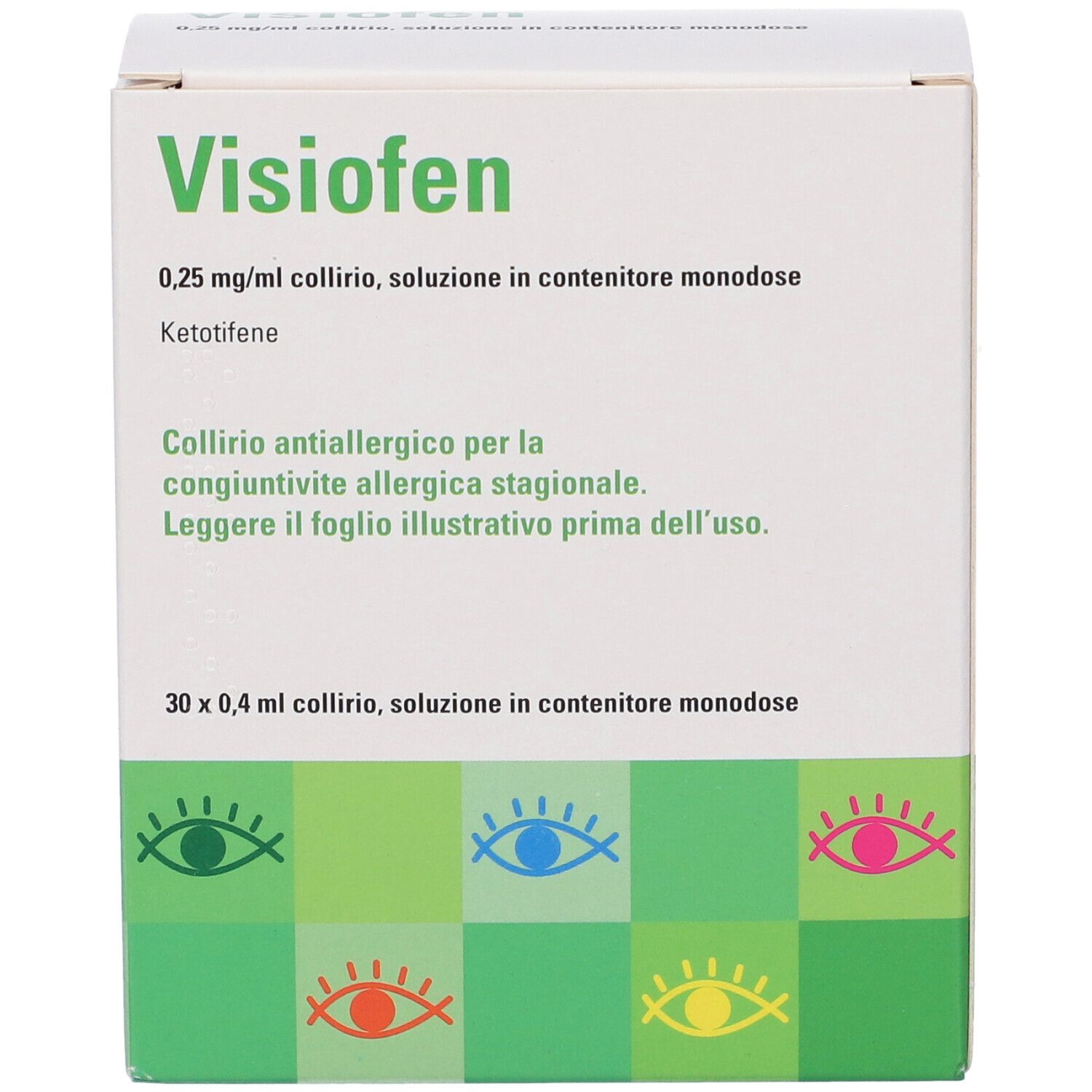 Scatola Visiofen. Scritta: 0,25 mg/ml, soluzione in contenitori monodose. Contiene 30 x 0,4 ml. Trattamento allergie oculari.