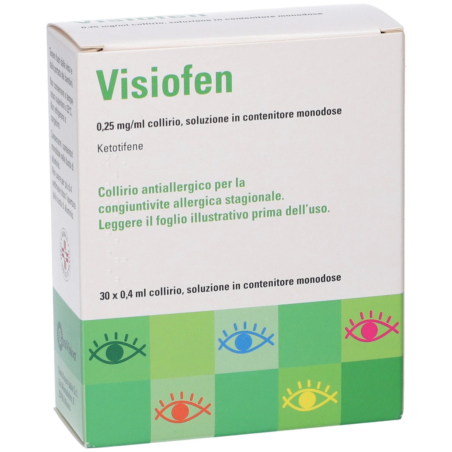 Scatola Visiofen. Scritta: 0,25 mg/ml, soluzione in contenitori monodose. Trattamento allergie oculari. 30 x 0,4 ml.