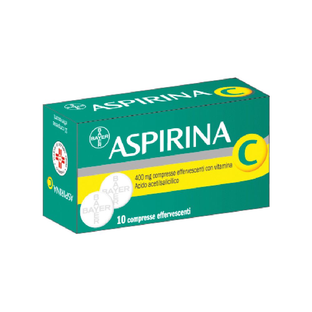 Confezione di Aspirina C. Scatola verde-gialla con nome e dettagli. Contiene 10 compresse effervescenti.
