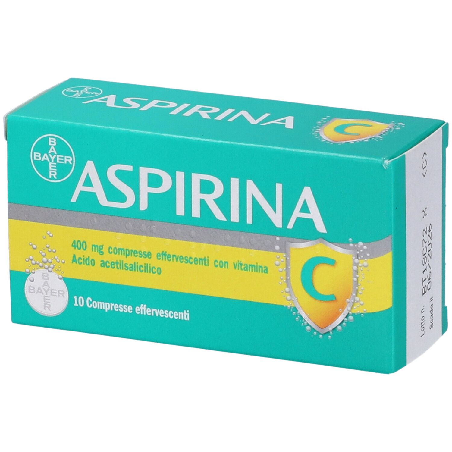 Scatola di Aspirina C. Confezione verde-gialla con nome e dettagli. Contiene 10 compresse effervescenti.