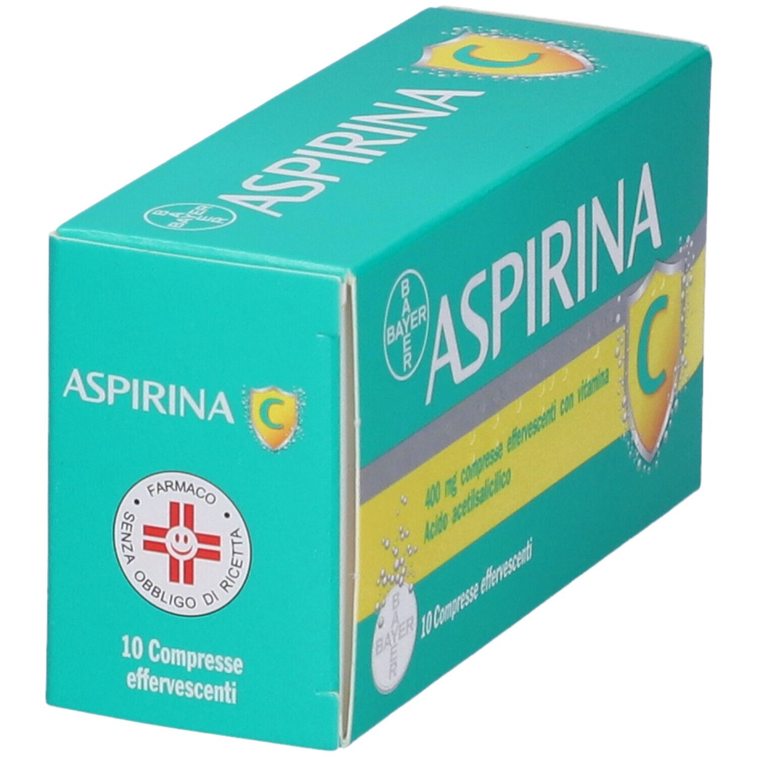 Confezione di Aspirina C. Scatola verde-gialla con nome e dettagli. Contiene 10 compresse effervescenti.