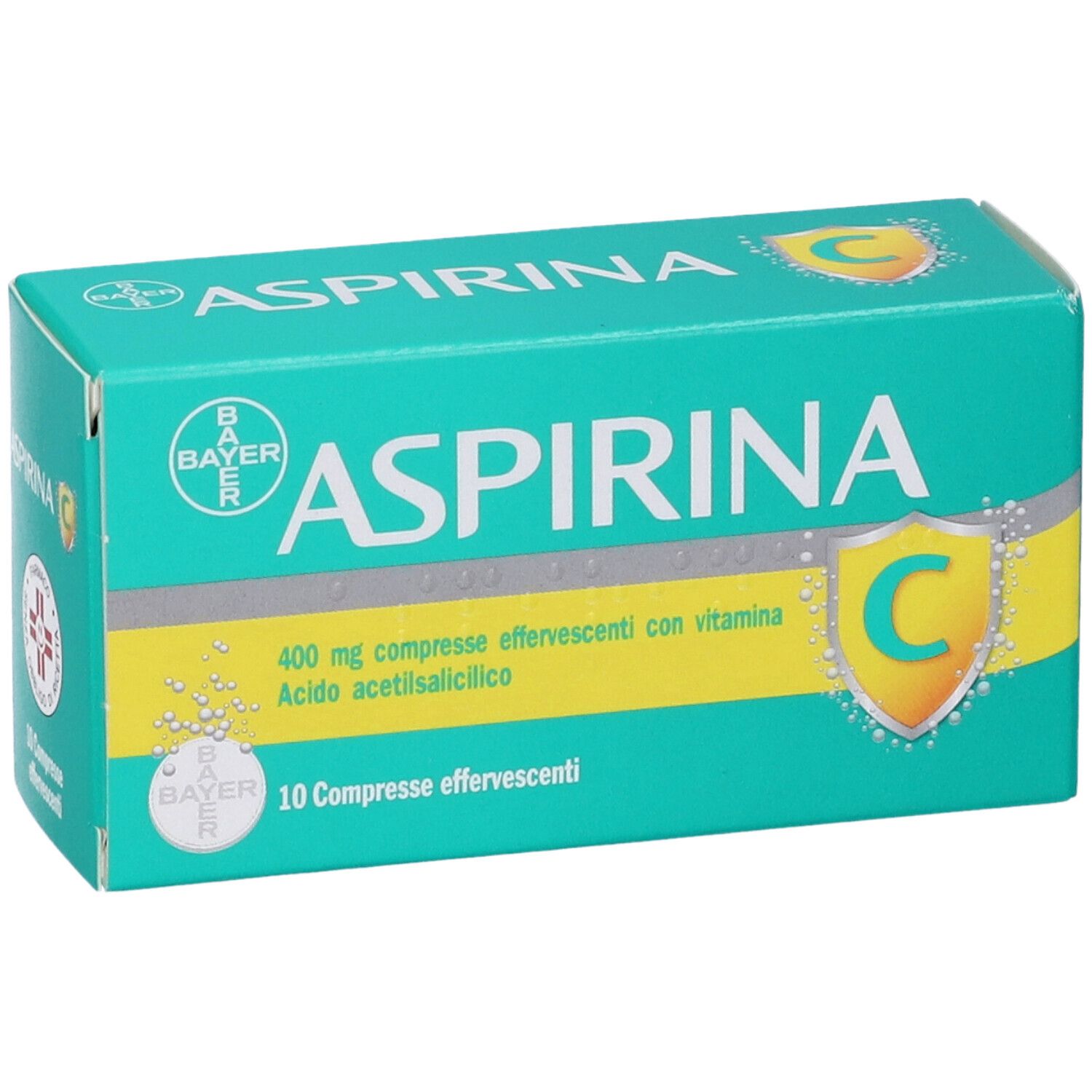 Confezione di Aspirina C. Scatola verde-gialla con nome e dettagli. Contiene 10 compresse effervescenti.