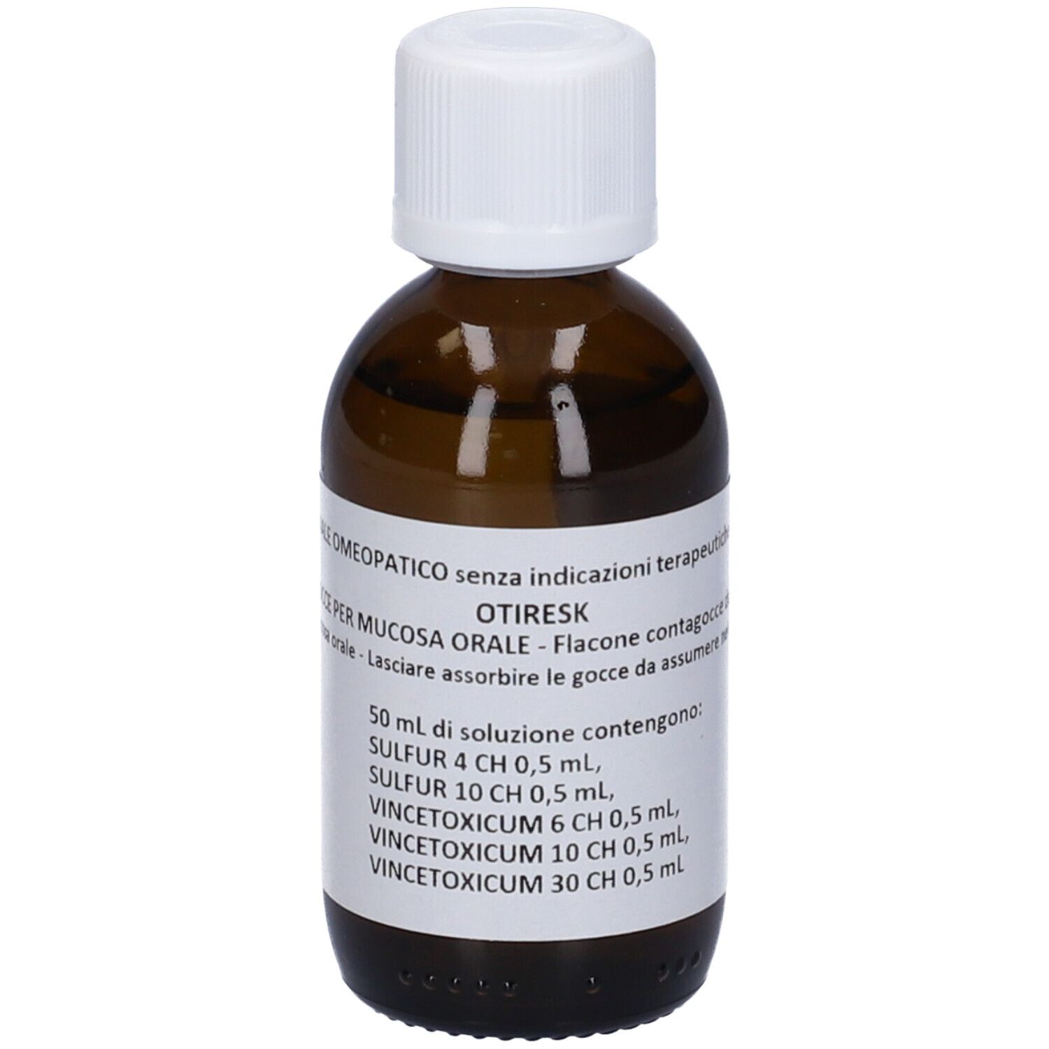 Flacone di vetro marrone con tappo bianco. Etichetta con informazioni sul prodotto. OTIRESK, gocce per mucosa orale.