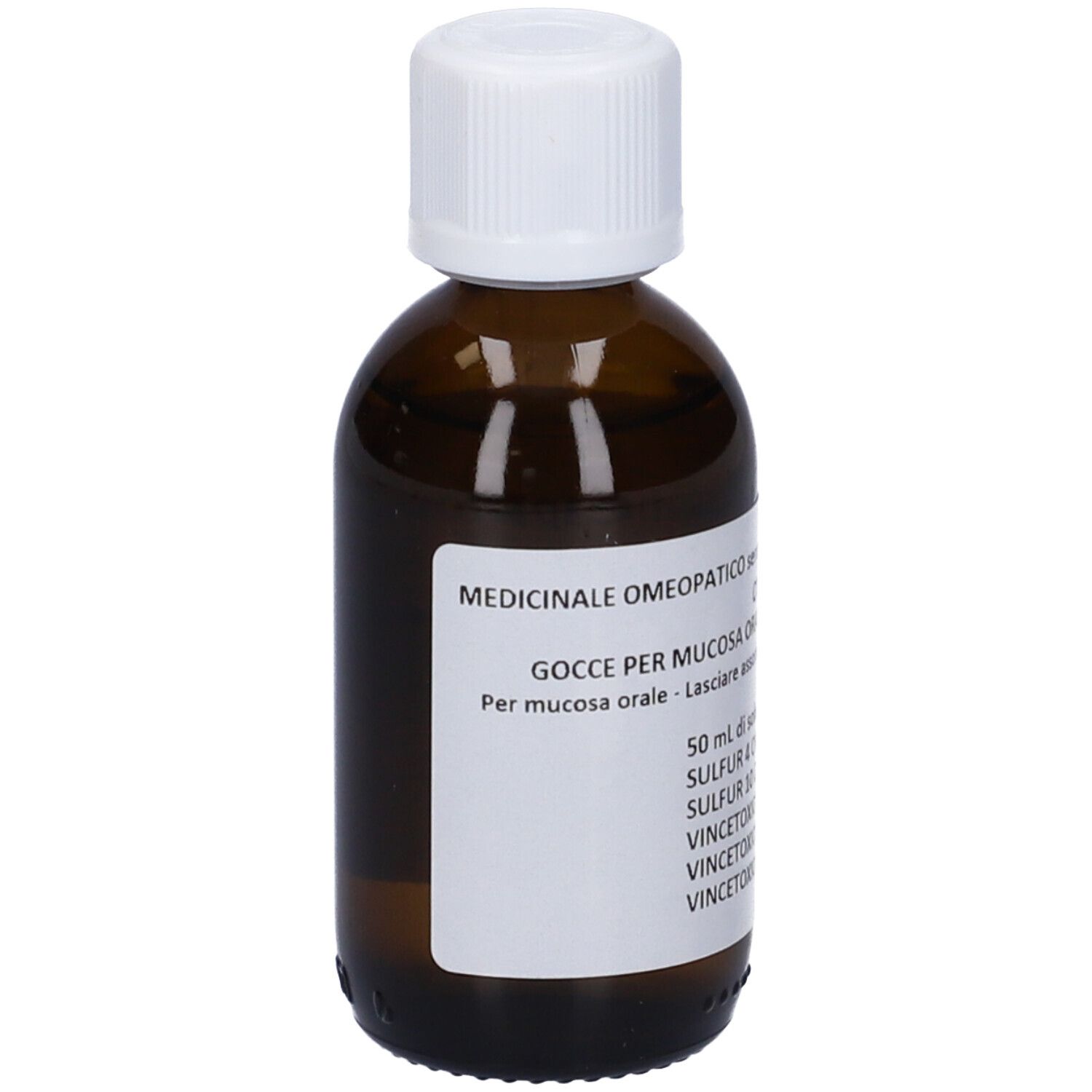 Flacone di vetro marrone con tappo bianco. Etichetta con informazioni sul prodotto. OTIRESK, gocce per mucosa orale.